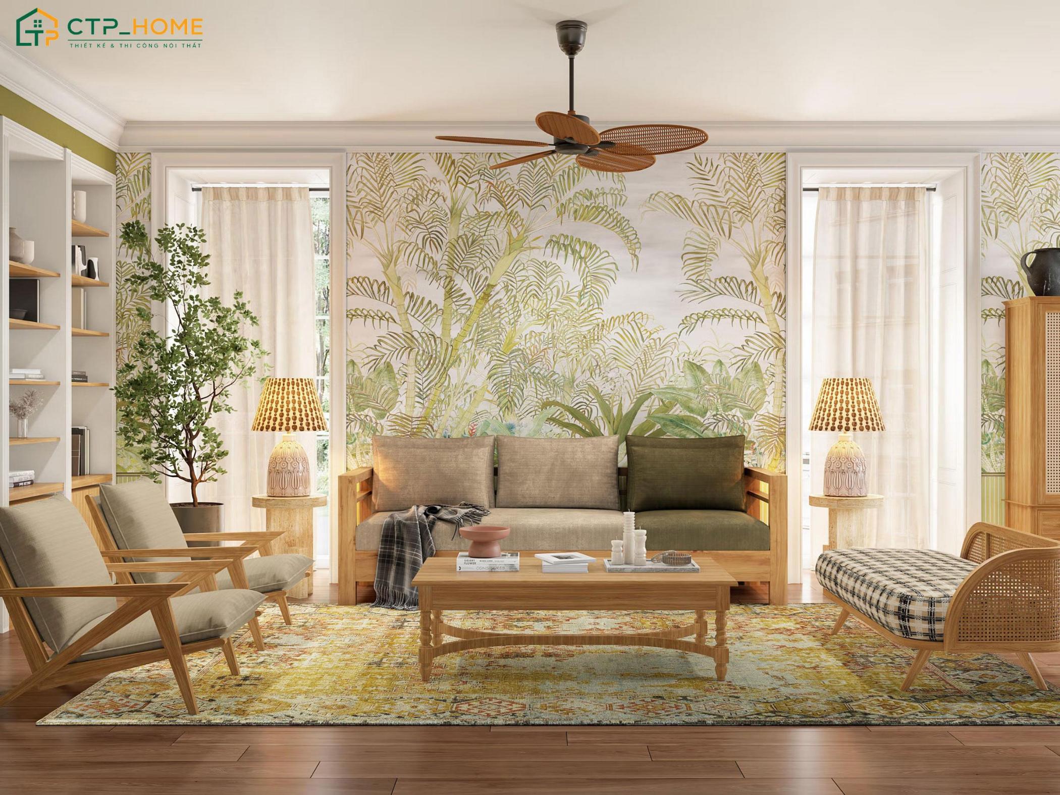 Không gian phòng khách Tropical gây ấn tượng từ cách lựa chọn vật liệu cho đến cách decor không gian