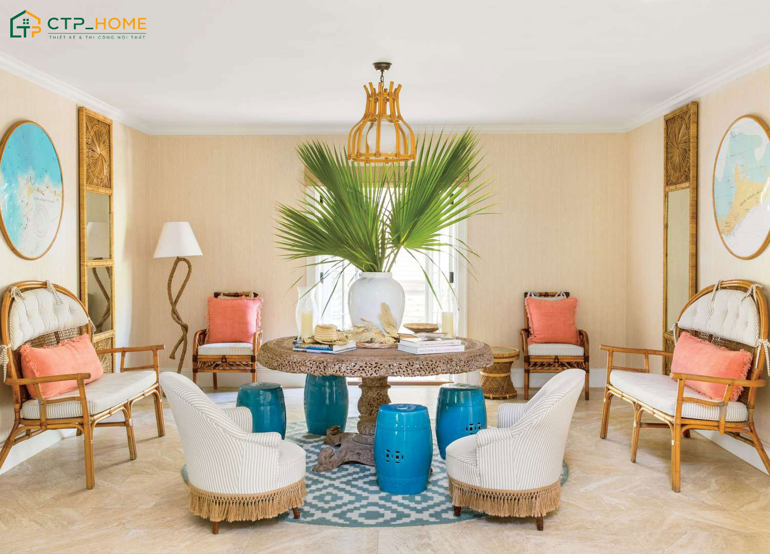 Mẫu trang trí nội thất phòng khách nhà ống Tropical hơi hướng biển cả mang lại cảm giác thoáng mát hơn