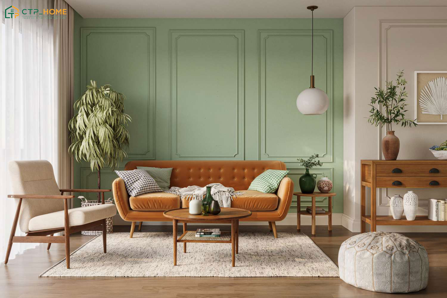 Mẫu thiết kế nội thất phòng khách nhà ống Retro tạo điểm nhấn với cách bố trí màu sắc tương phản