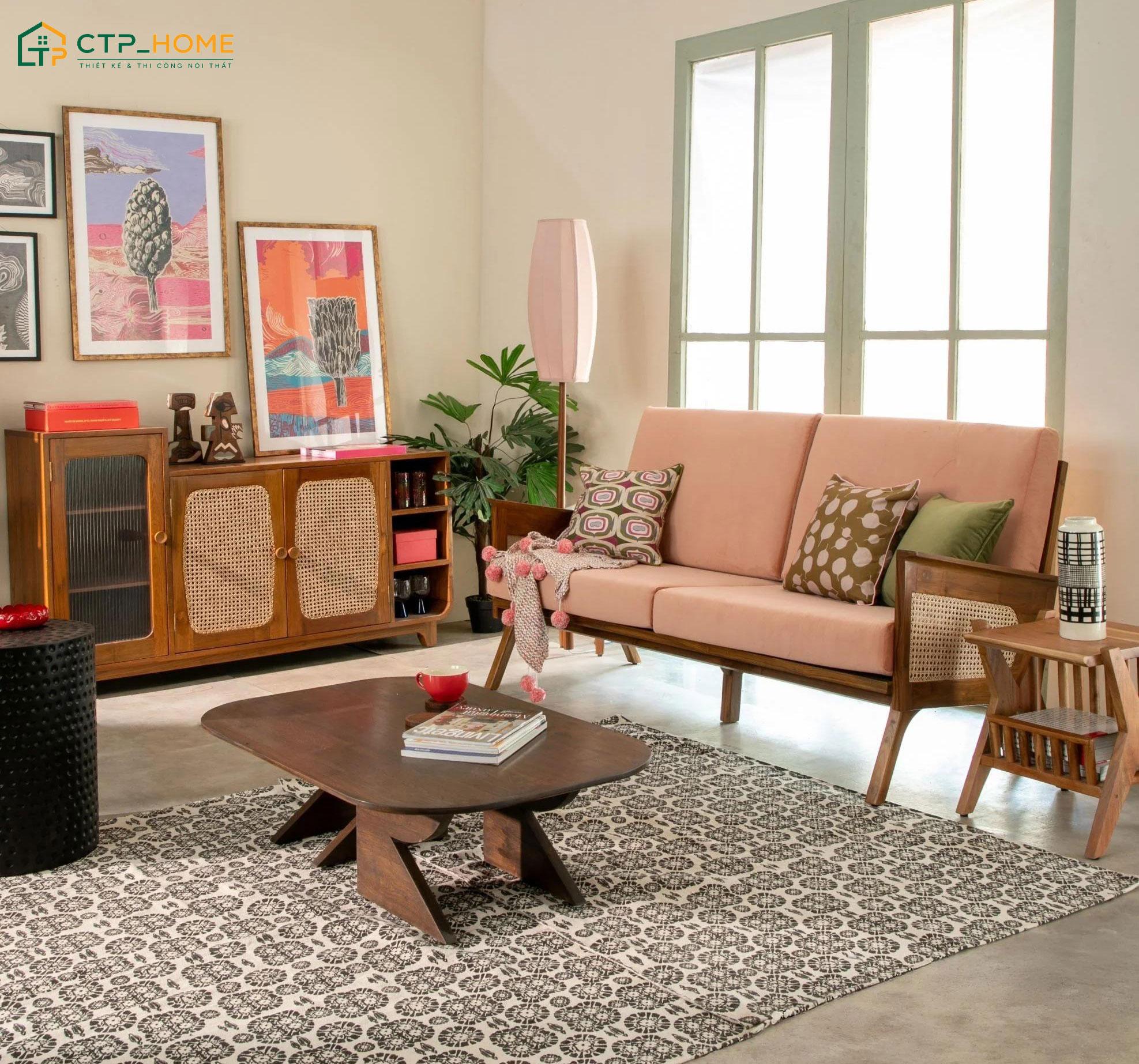 Bố trí phòng khách trong nhà ống bằng các họa tiết hình học sặc sỡ đặc trưng của thập niên trước