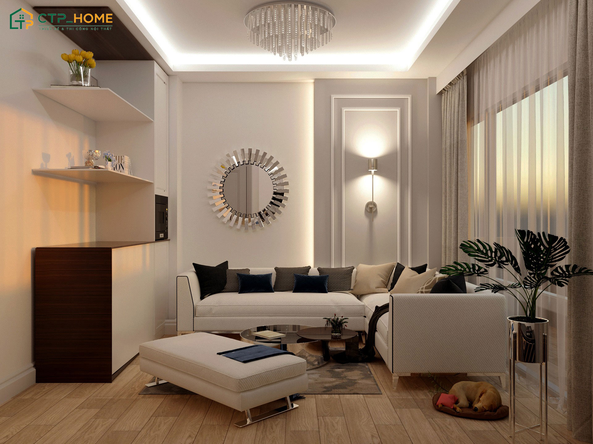Mẫu phòng khách hiện đại nhà ống 5m2 được thiết kế tập trung vào các nhu cầu sử dụng cơ bản