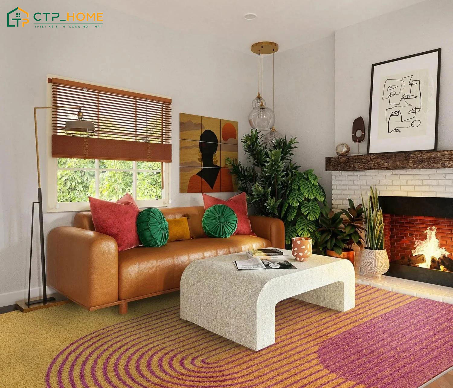 Mẫu phòng khách đẹp nhà ống phong cách Retro sẽ sử dụng các họa tiết độc đáo để tạo điểm nhấn