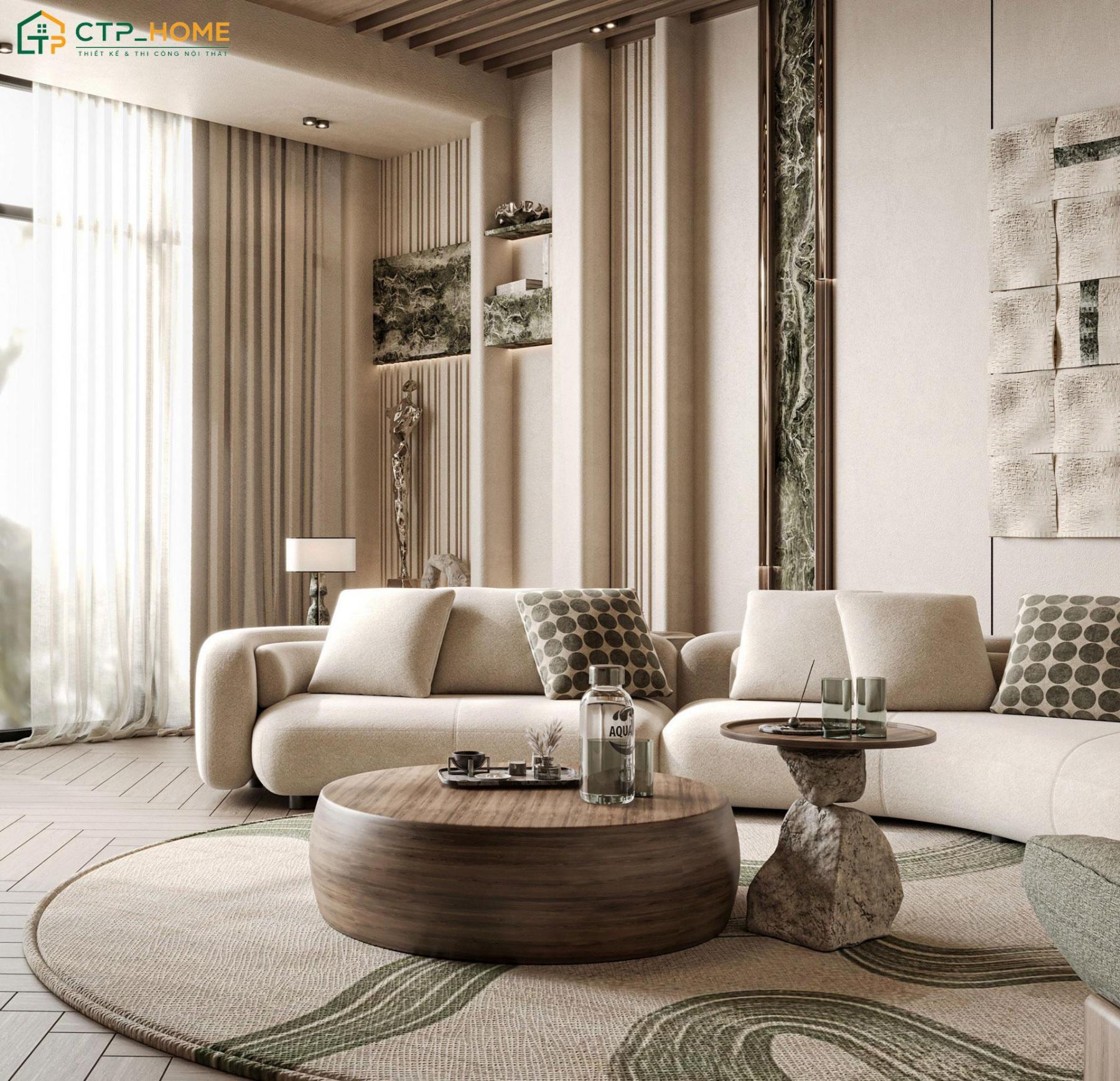 Mẫu thiết kế nội thất phòng khách nhà ống hiện đại với gam màu be sáng giúp giảm cảm giác bí bách