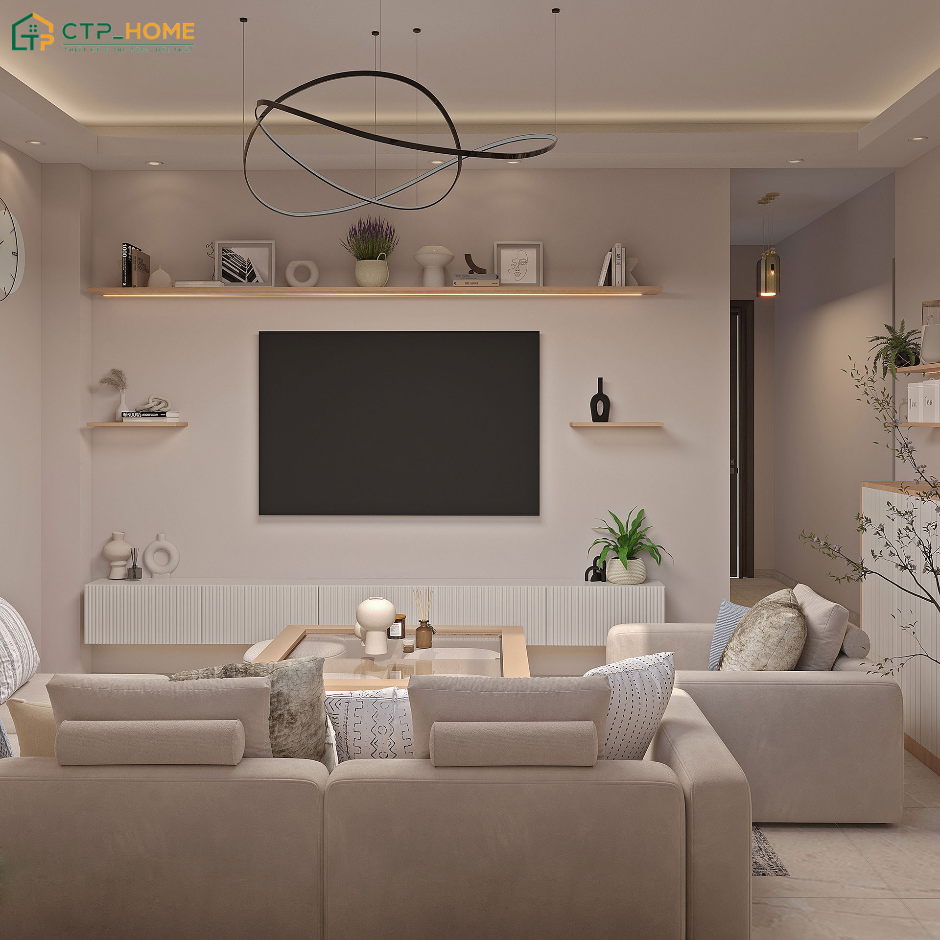 Mẫu thiết kế phòng khách nhà phố 6m2 với kệ tủ trưng bày sáng tạo giúp gia tăng tính thẩm mỹ