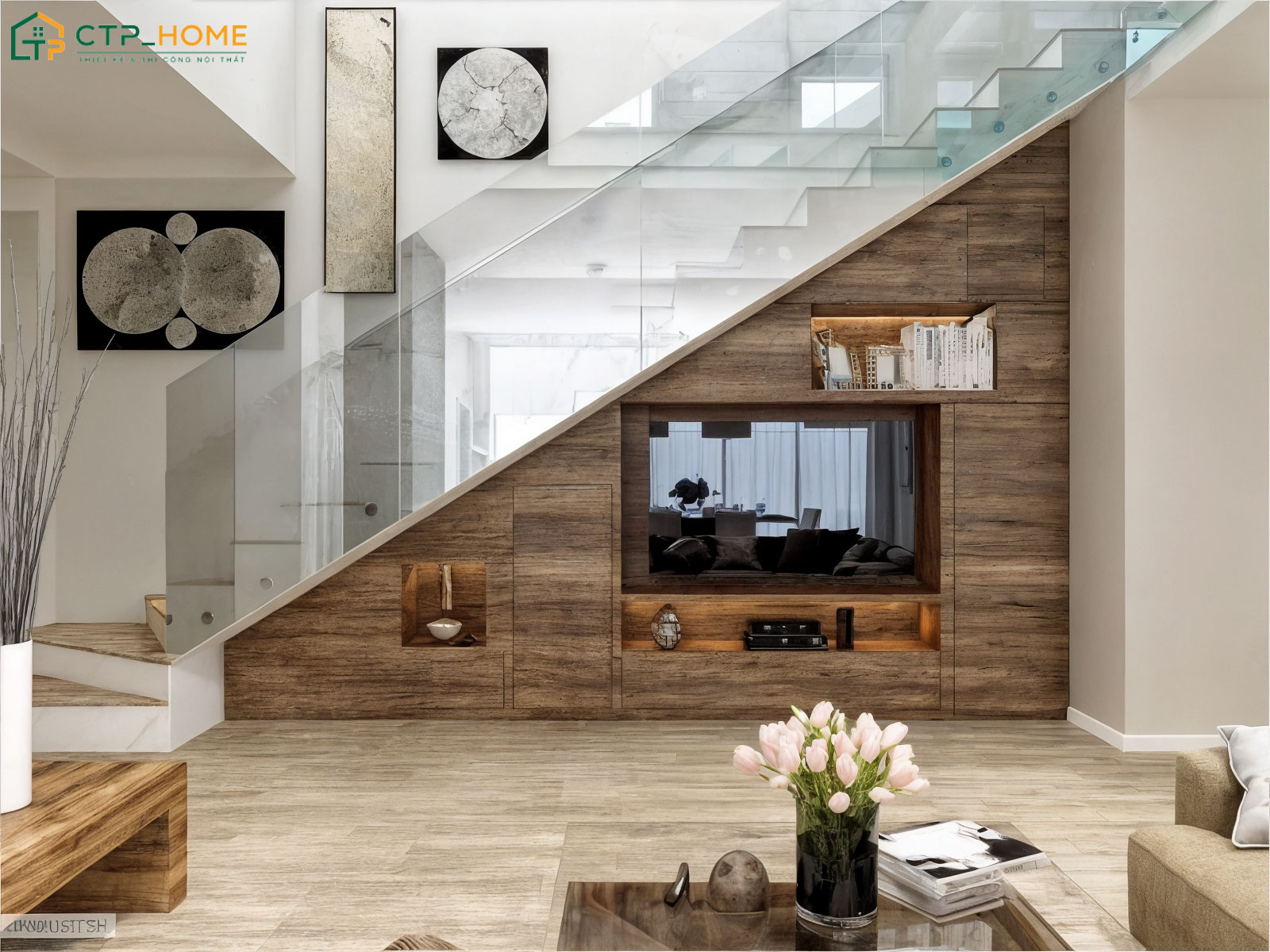 Có thể linh hoạt trong việc thiết kế gầm cầu thang phòng khách nhà ống để đảm bảo sự tiện nghi