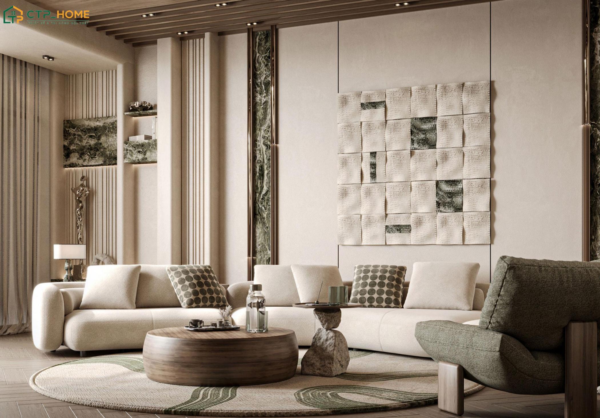 Mẫu dự án thiết kế phòng khách nhà phố đẹp theo phong cách Wabi Sabi cho Chị Lan tại Lâm Đồng
