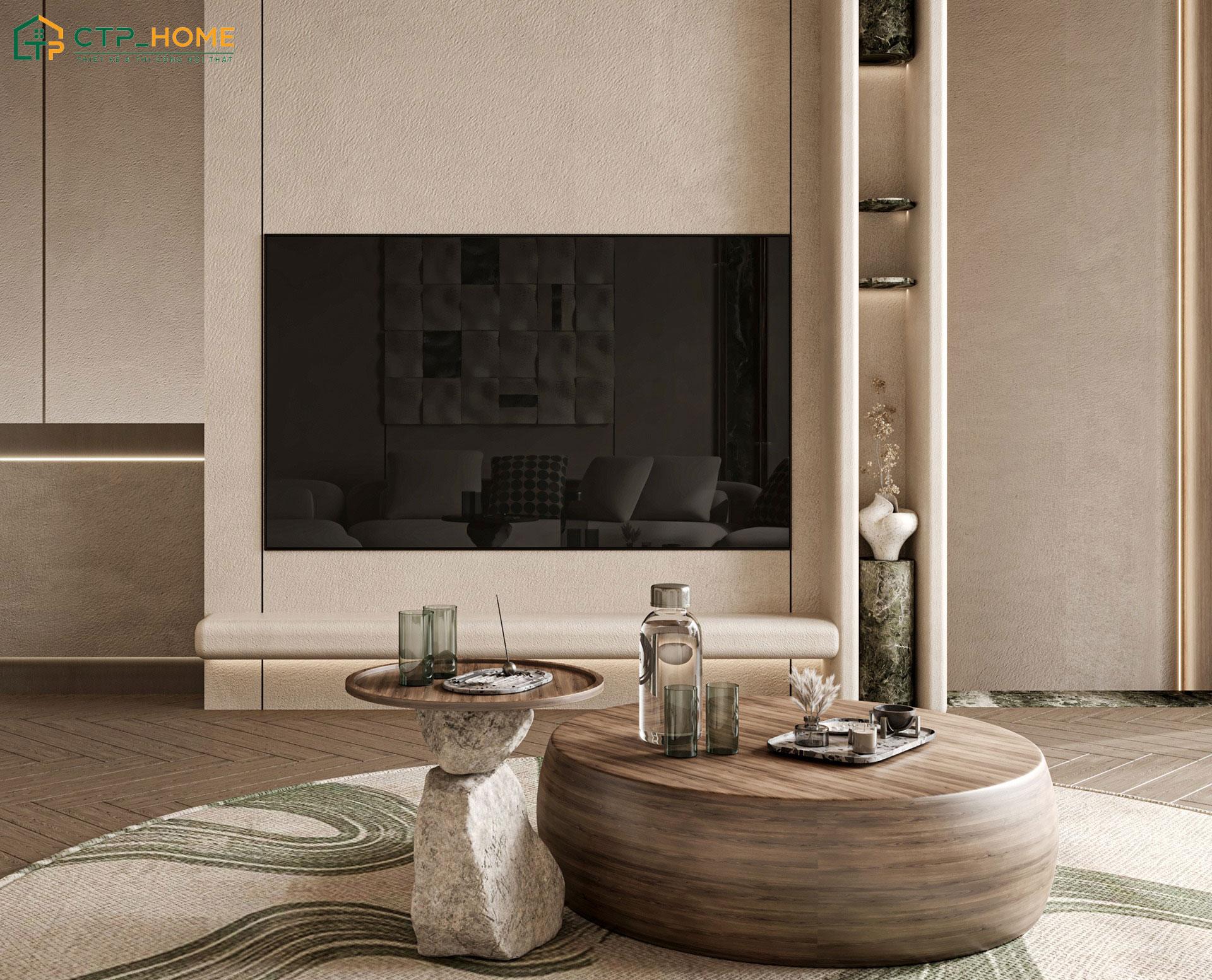 Tivi được bố trí âm tường để đảm bảo sự gọn gàng và nâng cao tính thẩm mỹ cho phòng khách