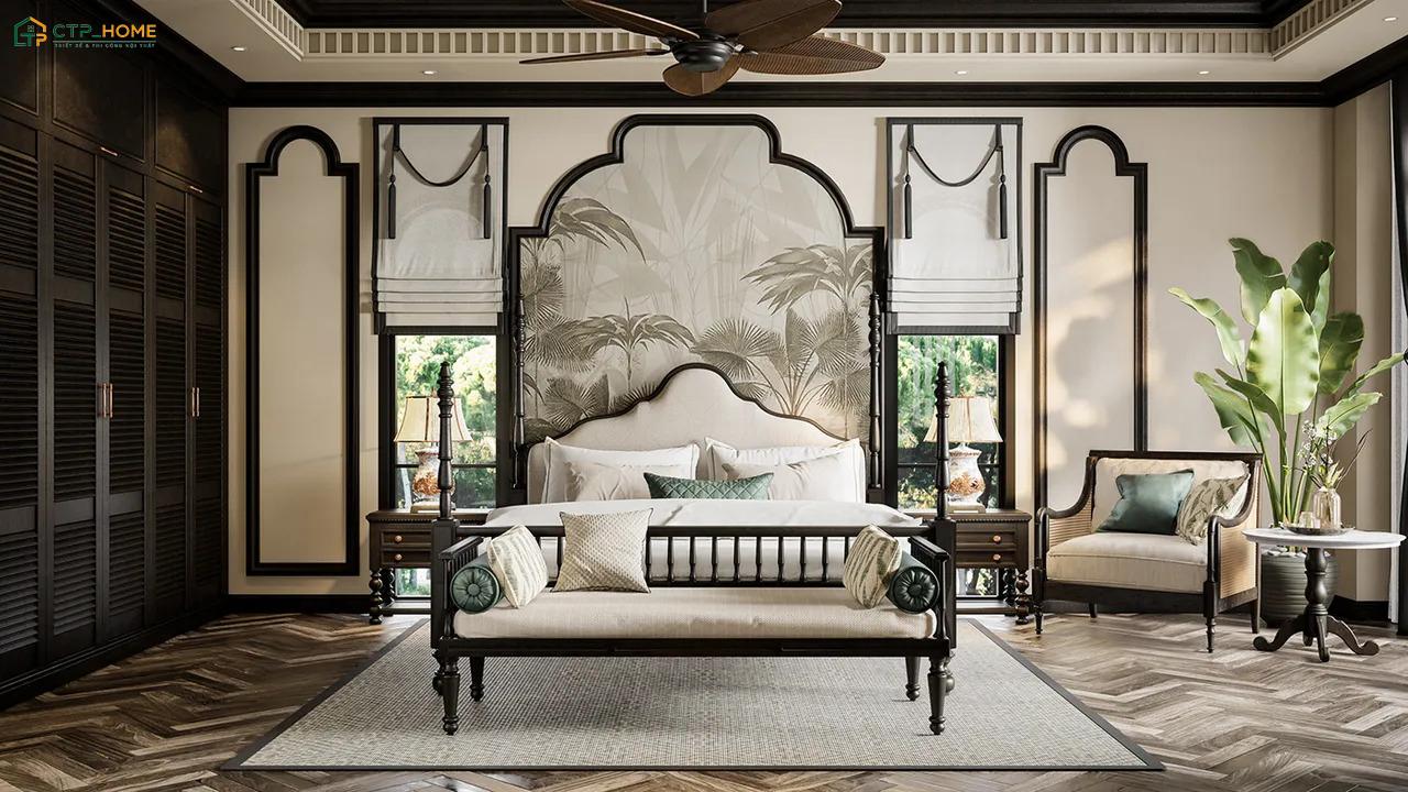 Mẫu phòng ngủ biệt thự phong cách Indochine nổi bật với vẻ đẹp truyền thống và hoài niệm