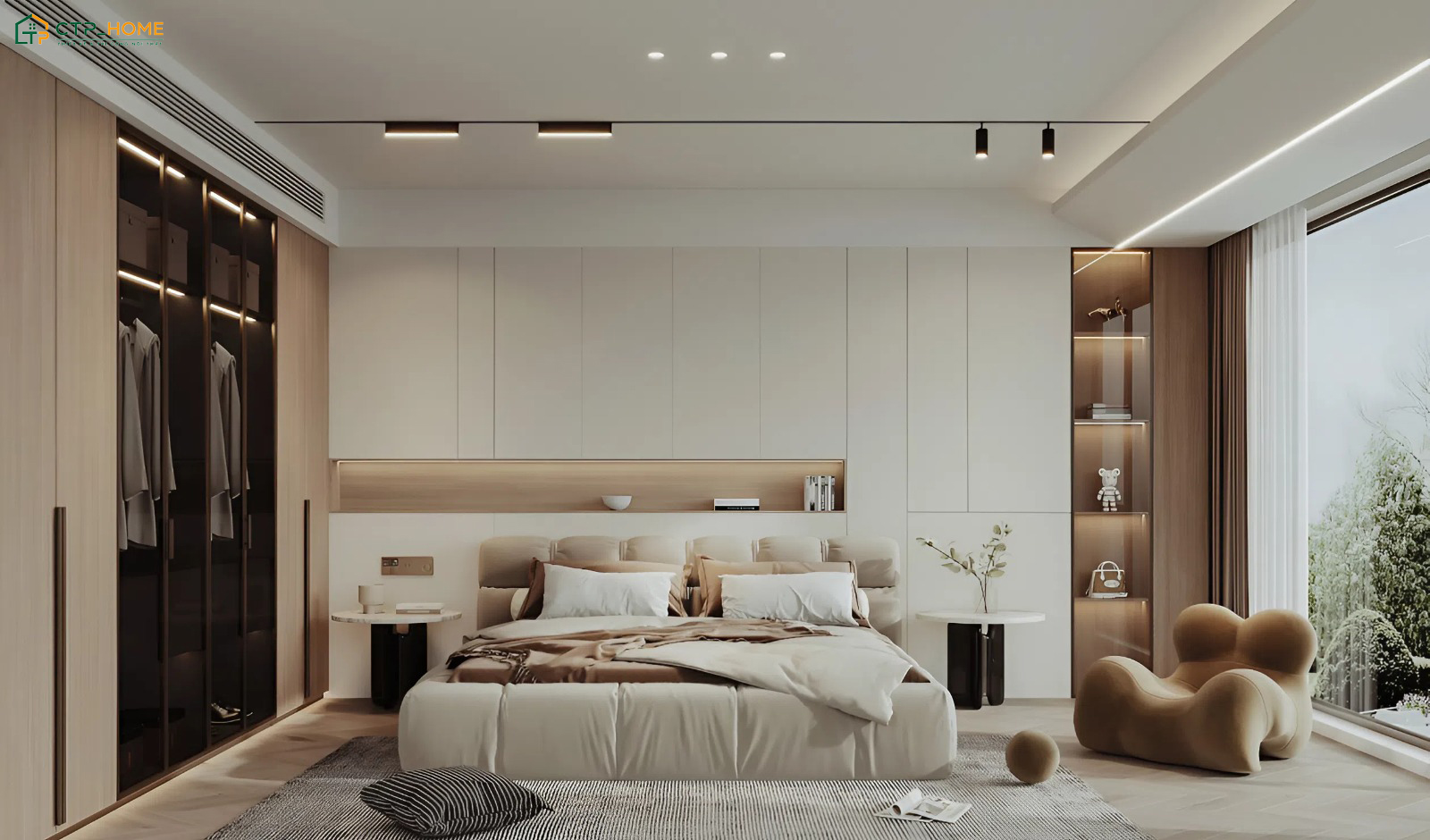 Cửa sổ được mở rộng kết hợp với rèm cửa hai lớp giúp bạn dễ dàng điều chỉnh cường độ ánh sáng phù hợp