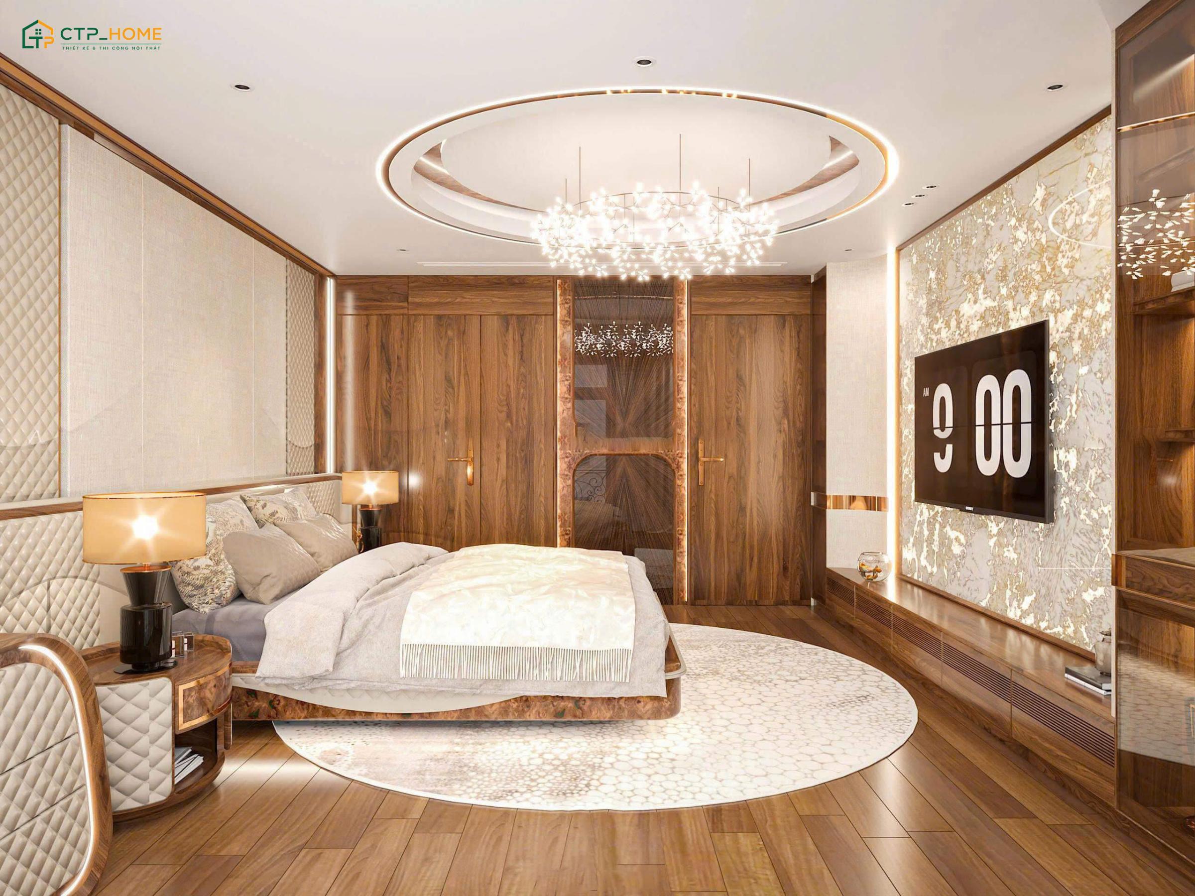 Mẫu phòng ngủ sử dụng nội thất gỗ óc chó rất phù hợp với phong cách cổ điển hoặc tân cổ điển