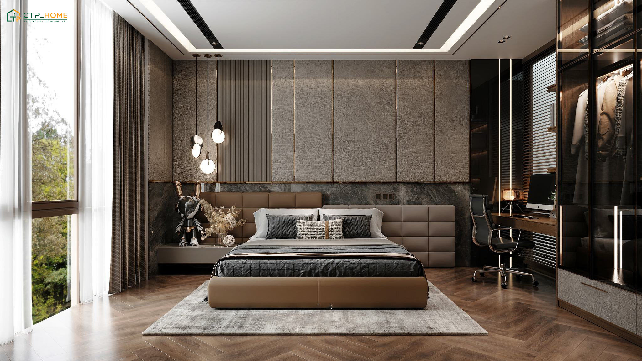 Sử dụng kệ sách hoặc kệ tủ để ngăn cách khu vực giường ngủ và làm việc để đảm bảo sự riêng tư