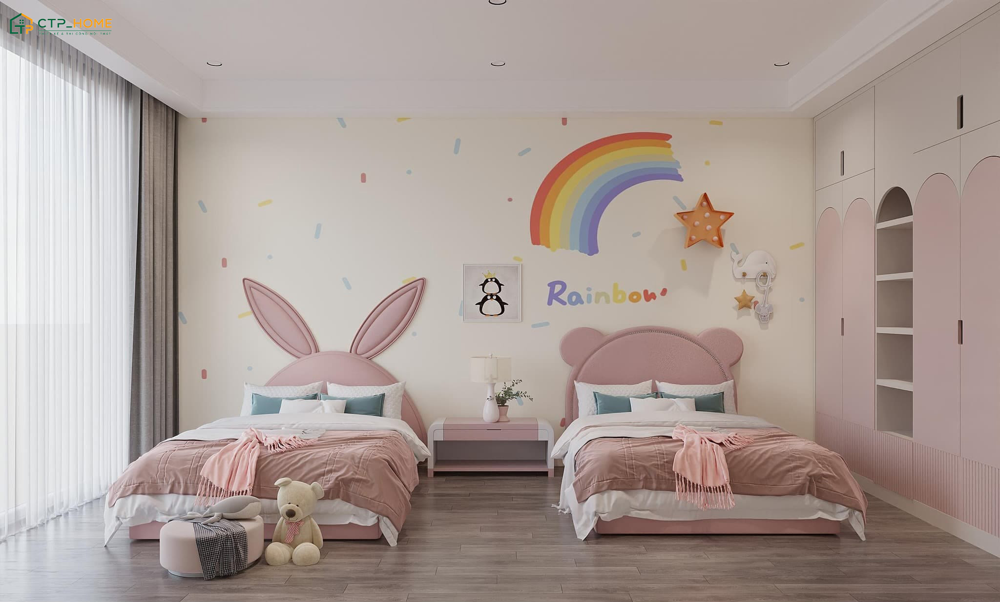Mẫu decor phòng ngủ cho 2 bé gái đầy nữ tính với tone màu hồng, cam, tím đúng theo sở thích của bé