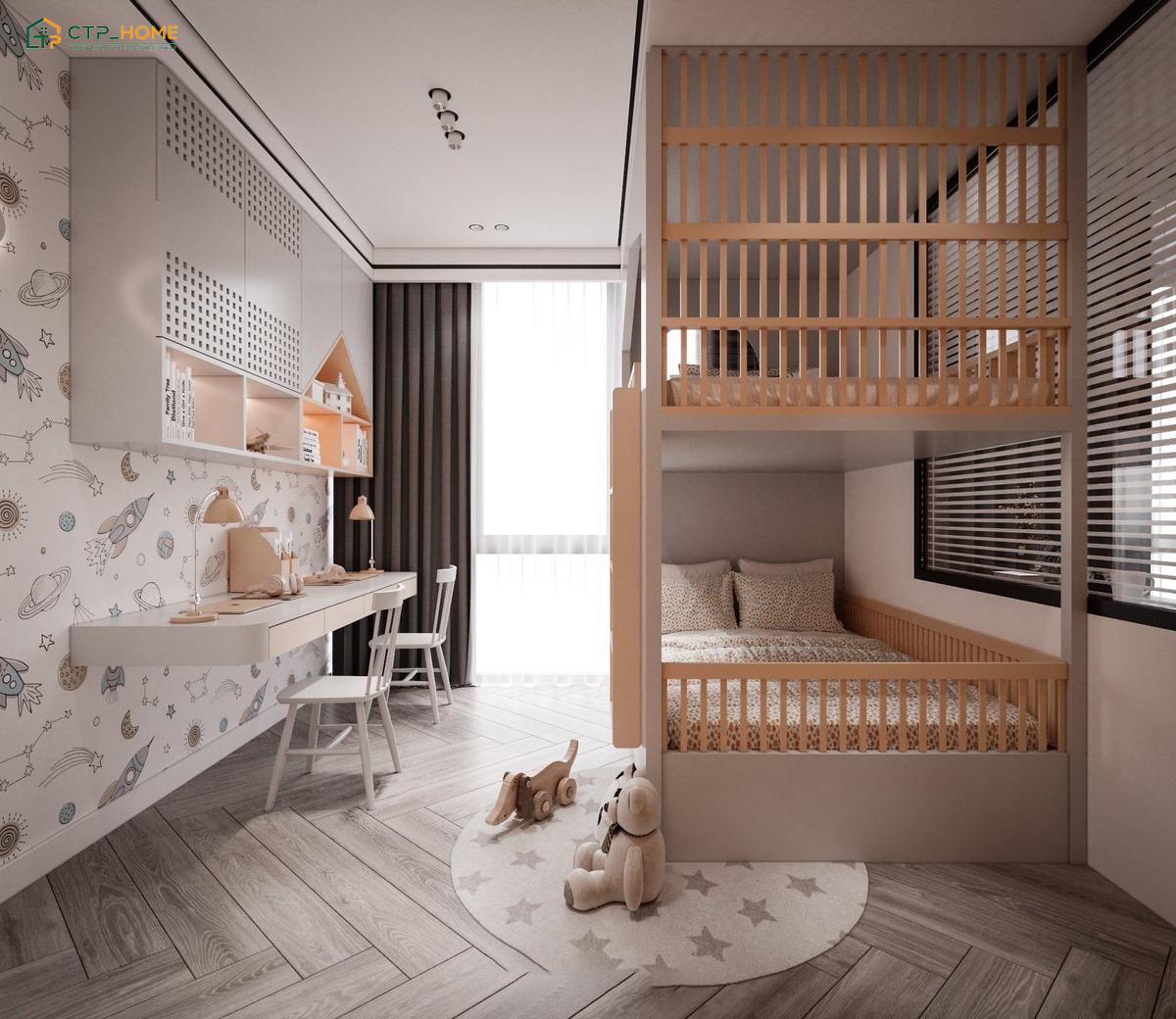 Mẫu thiết kế phòng ngủ nhỏ cho 2 bé gái với giường tầng kết hợp hệ tủ lưu trữ giúp tối ưu diện tích