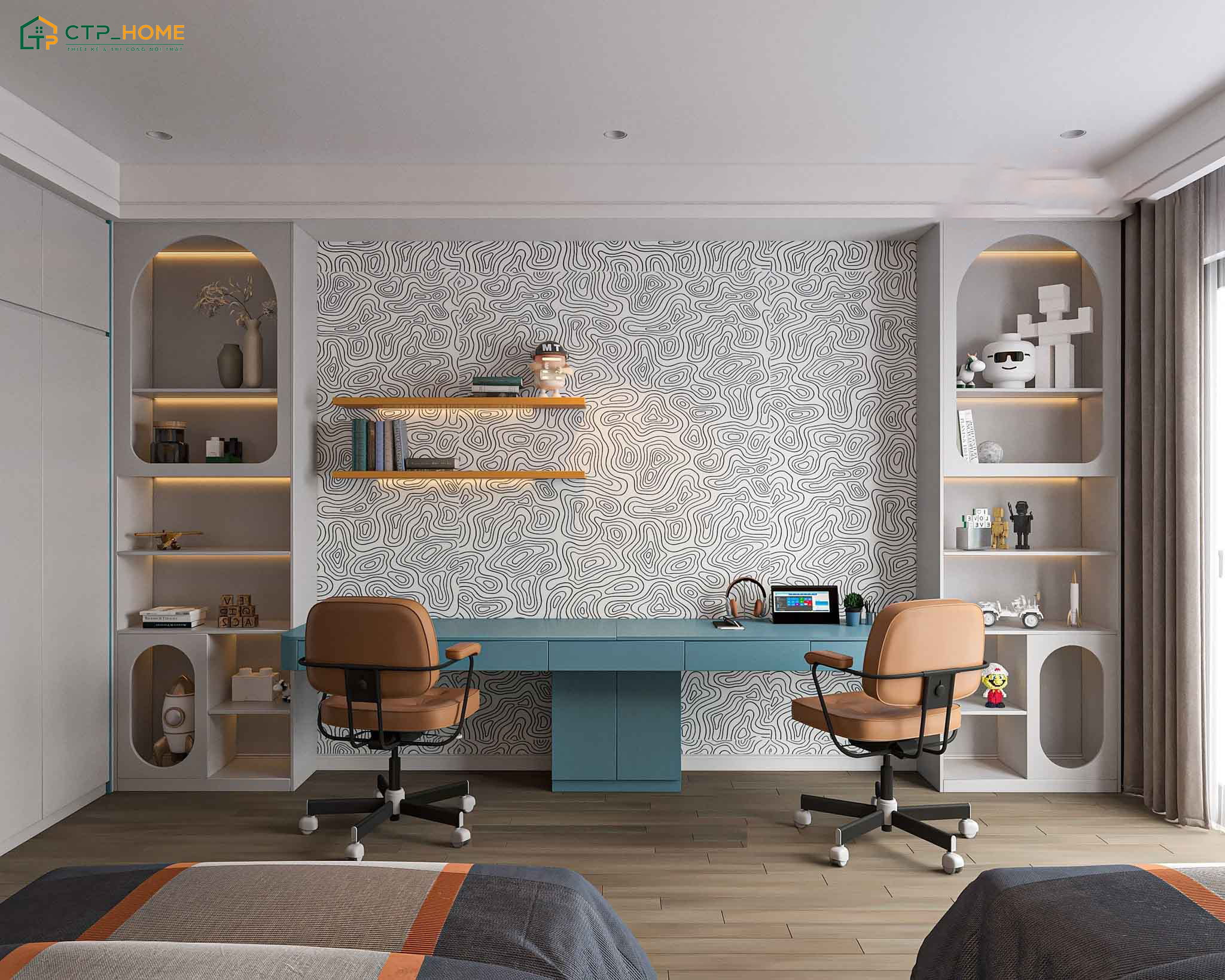 Góc học tập của các bé sẽ được bố trí đối xứng vừa giúp tối ưu diện tích vừa tăng trải nghiệm học tập