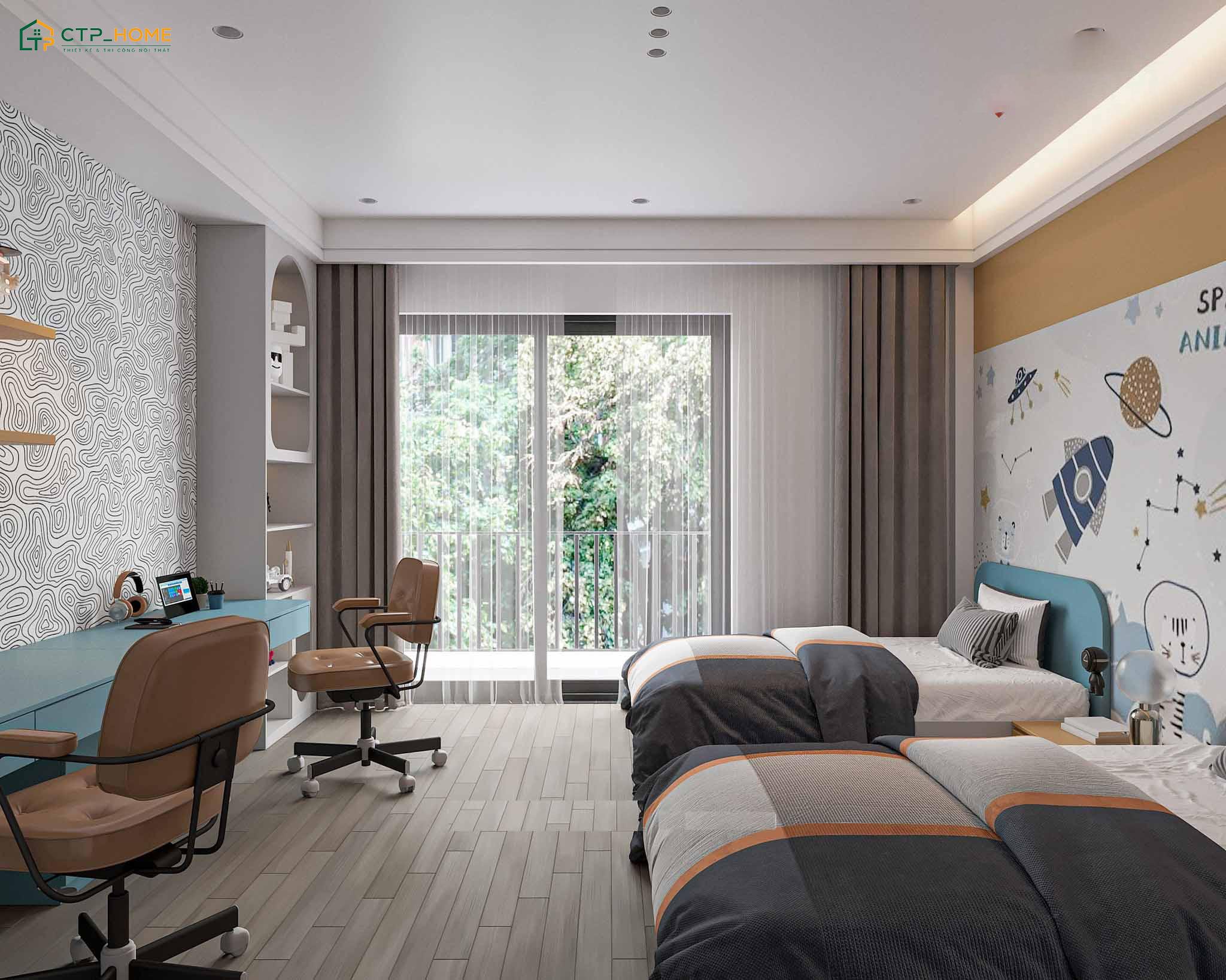 Thiết kế phòng cho 2 bé trai với cửa ban công lớn giúp thu hút được nhiều ánh sáng tự nhiên hơn
