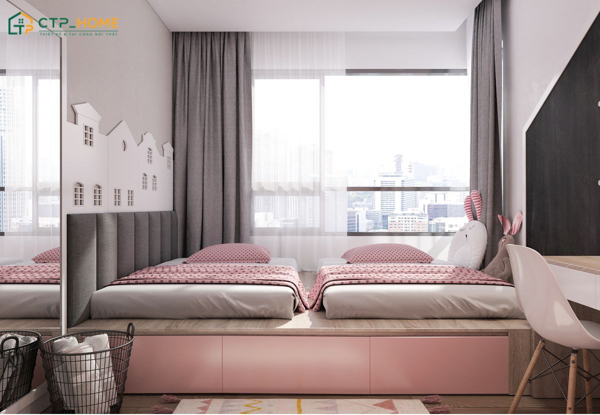 Thiết kế phòng ngủ cho bé trai và gái với rèm vải sẽ giúp phân chia không gian hiệu quả