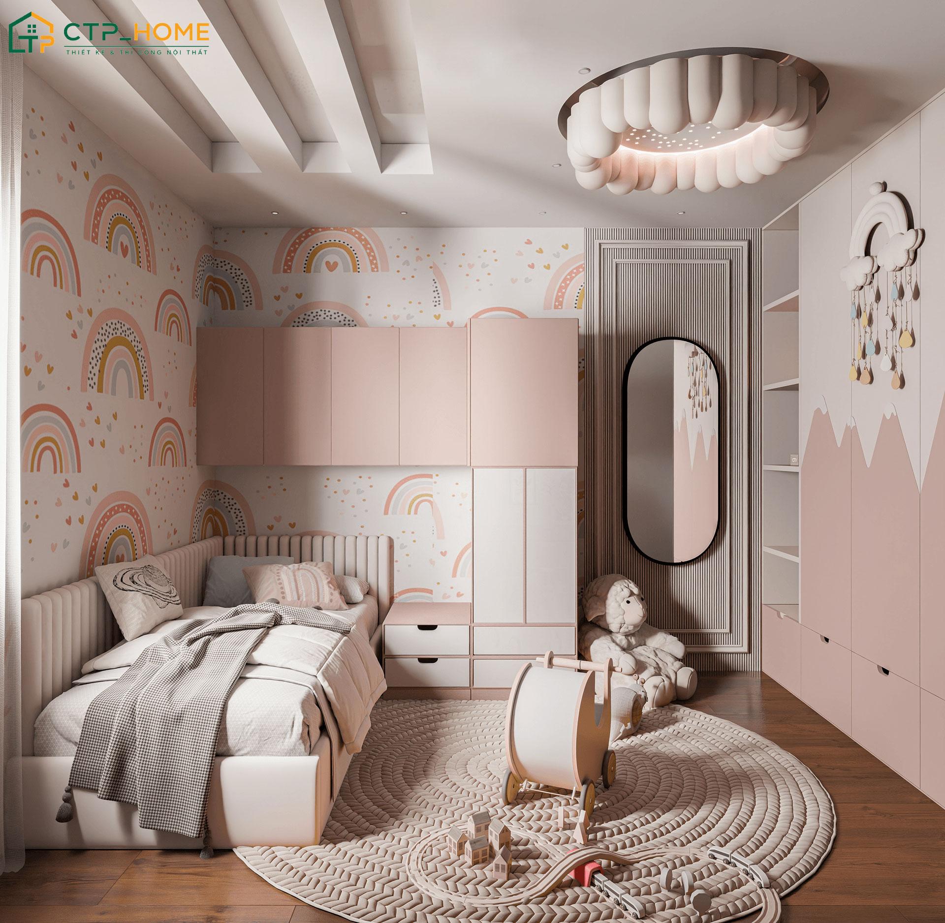 Mẫu thiết kế nội thất phòng ngủ con gái 5 tuổi với họa tiết trang trí đáng yêu giúp khơi gợi trí tưởng tượng của bé