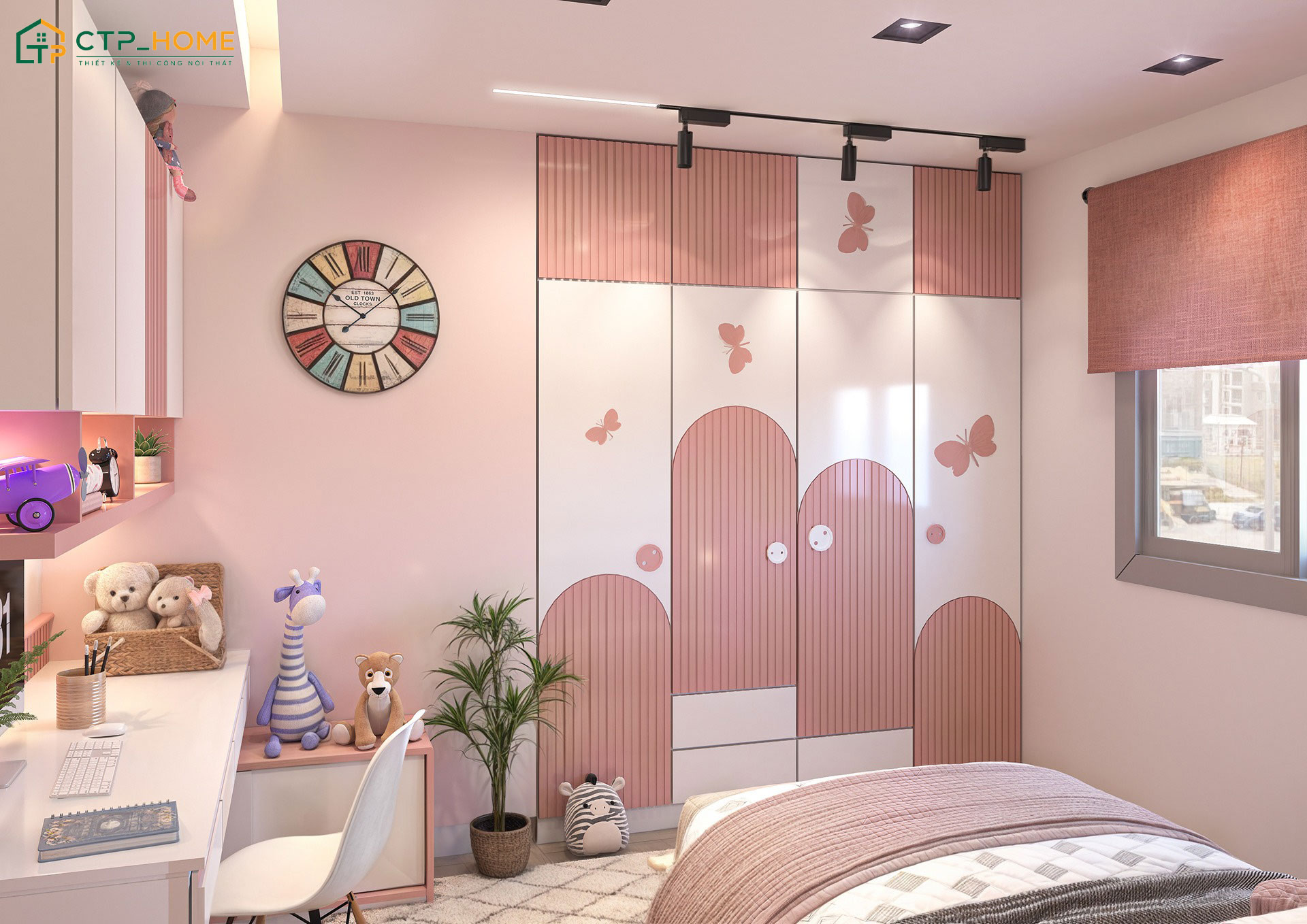 Mẫu phòng ngủ bé gái 8 tuổi với tông màu hồng cam kết hợp nội thất thông minh để giúp căn phòng luôn gọn gàng