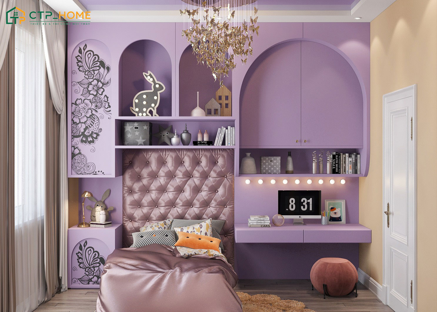 Cách trang trí phòng ngủ cho bé gái 10 tuổi sáng tạo với tông màu tím kết hợp nội thất bo cong mềm mại