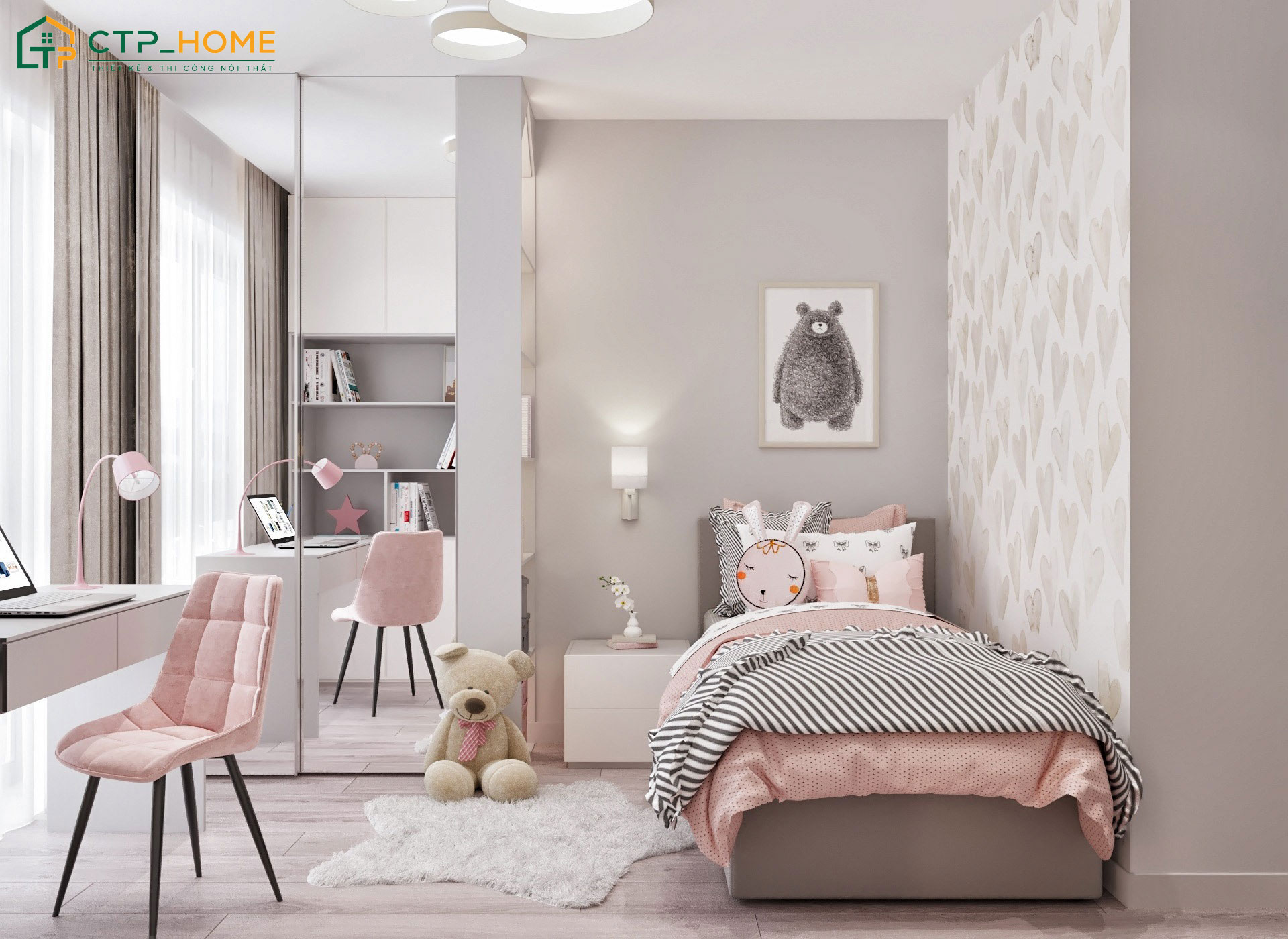 Mẫu phòng con gái 10 tuổi với các bố trí đơn giản nên không cần thay đổi quá nhiều khi bé lớn lên