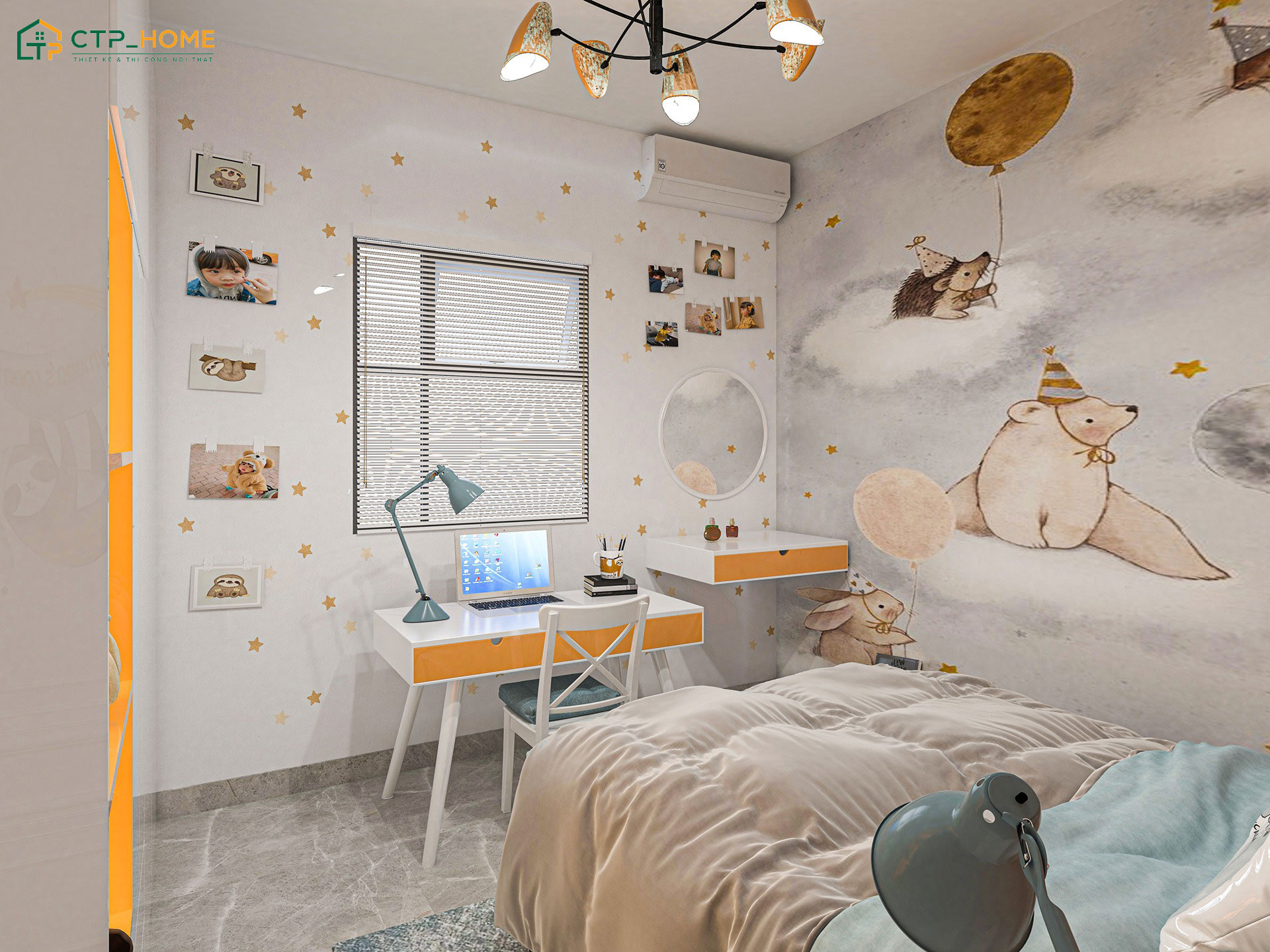 Mẫu phòng ngủ dễ thương cho con gái 12 tuổi được trang trí với các nhân vật hoạt hình mà bé yêu thích