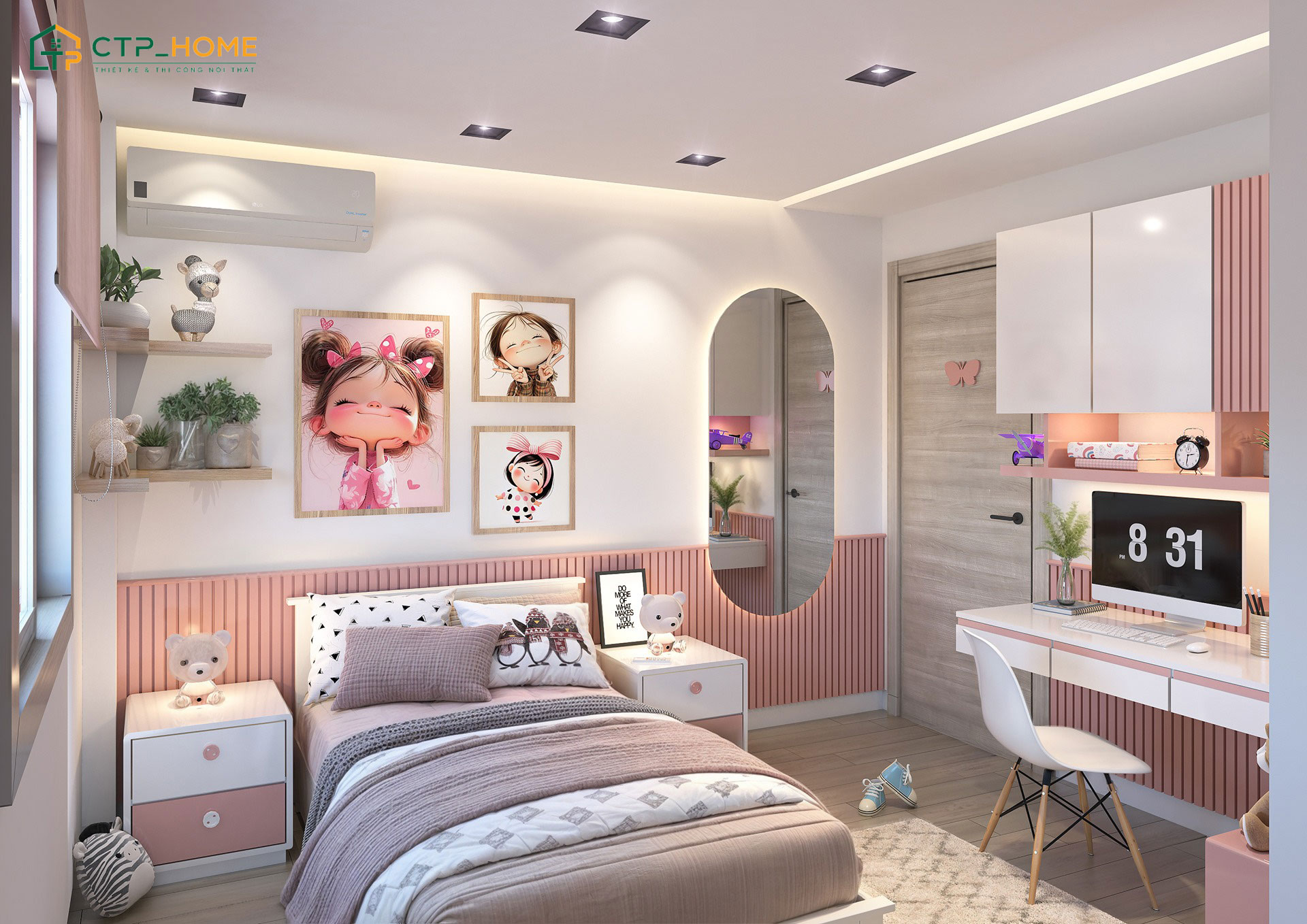 Thiết kế nội thất phòng ngủ đẹp cho bé gái theo chủ đề hoạt hình sẽ phù hợp với lứa tuổi mầm non và tiểu học