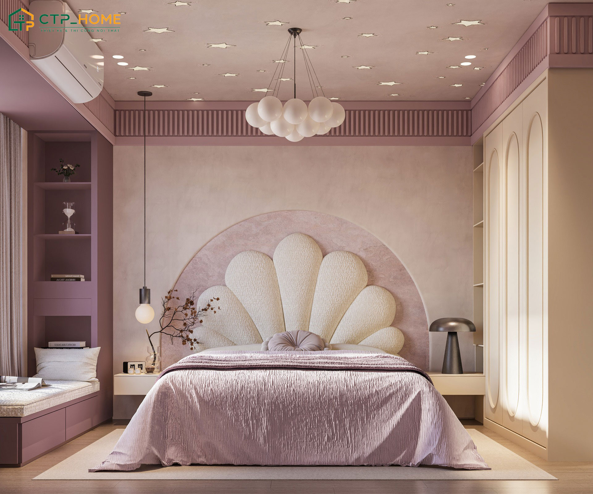 Mẫu thiết kế nội thất phòng ngủ đẹp cho bé gái 14 tuổi có trần nhà được bố trí đèn sao làm điểm nhấn