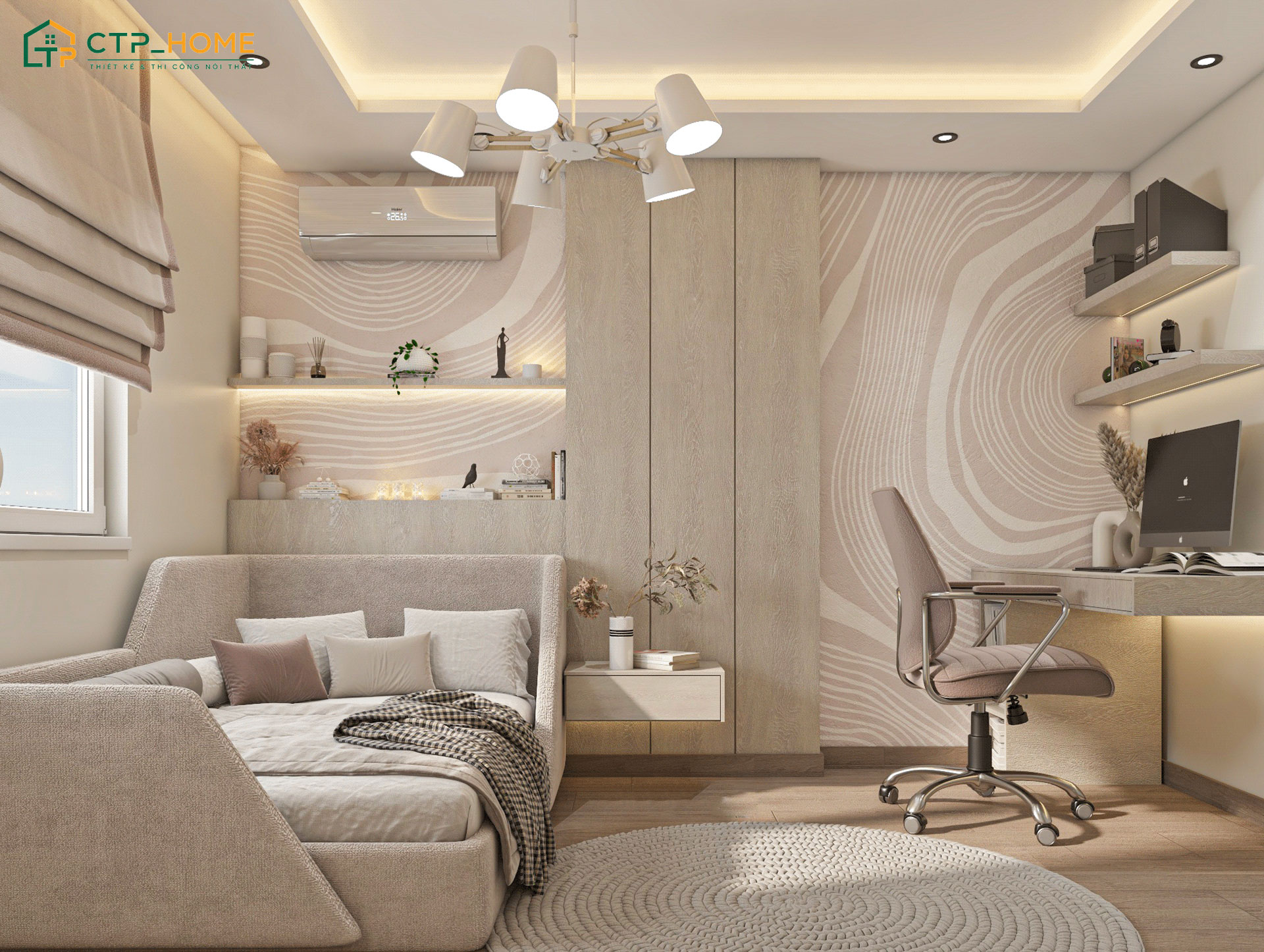 Mẫu phòng ngủ tối giản cho bé gái 18 tuổi sẽ được bố trí hài hòa giữa ánh sáng tự nhiên và nhân tạo