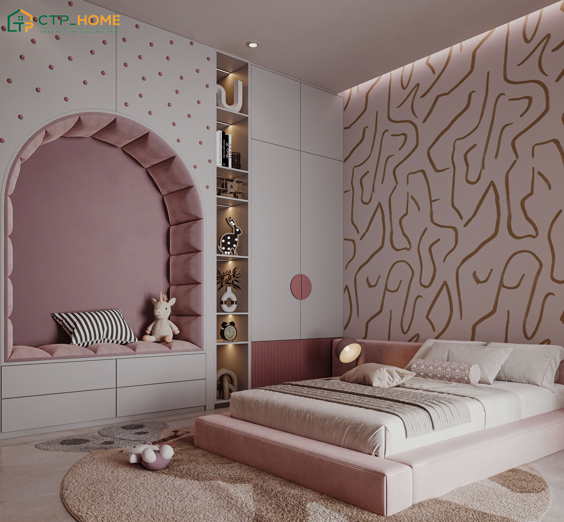 Mẫu decor phòng ngủ con gái 18 tuổi với tone màu hồng nhẹ nhàng giúp đem lại không gian nghỉ ngơi tinh tế