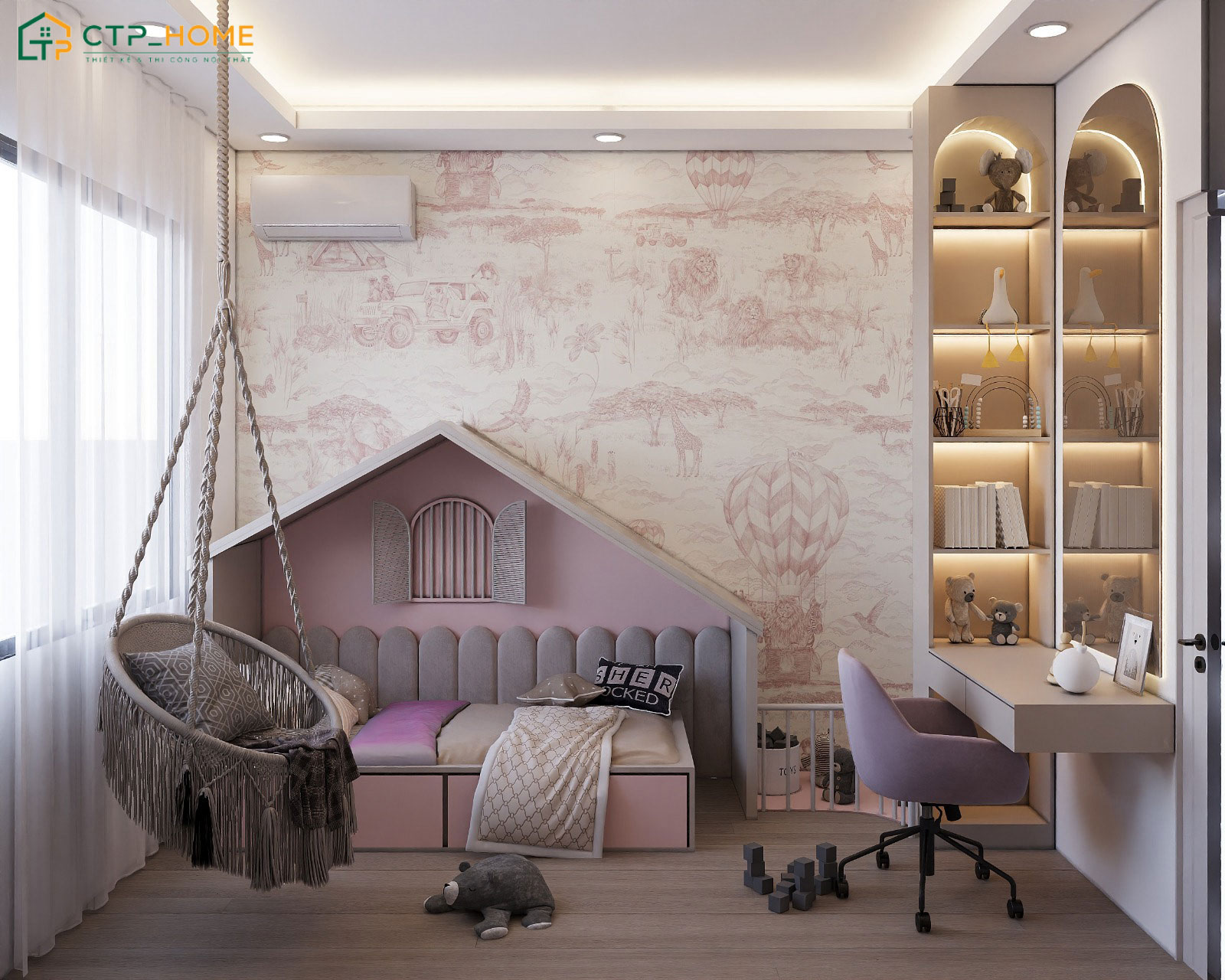 Mẫu thiết kế phòng bé gái diện tích 10m2 với cách bố trí đơn giản, gọn gàng và ưu tiên ánh sáng tự nhiên
