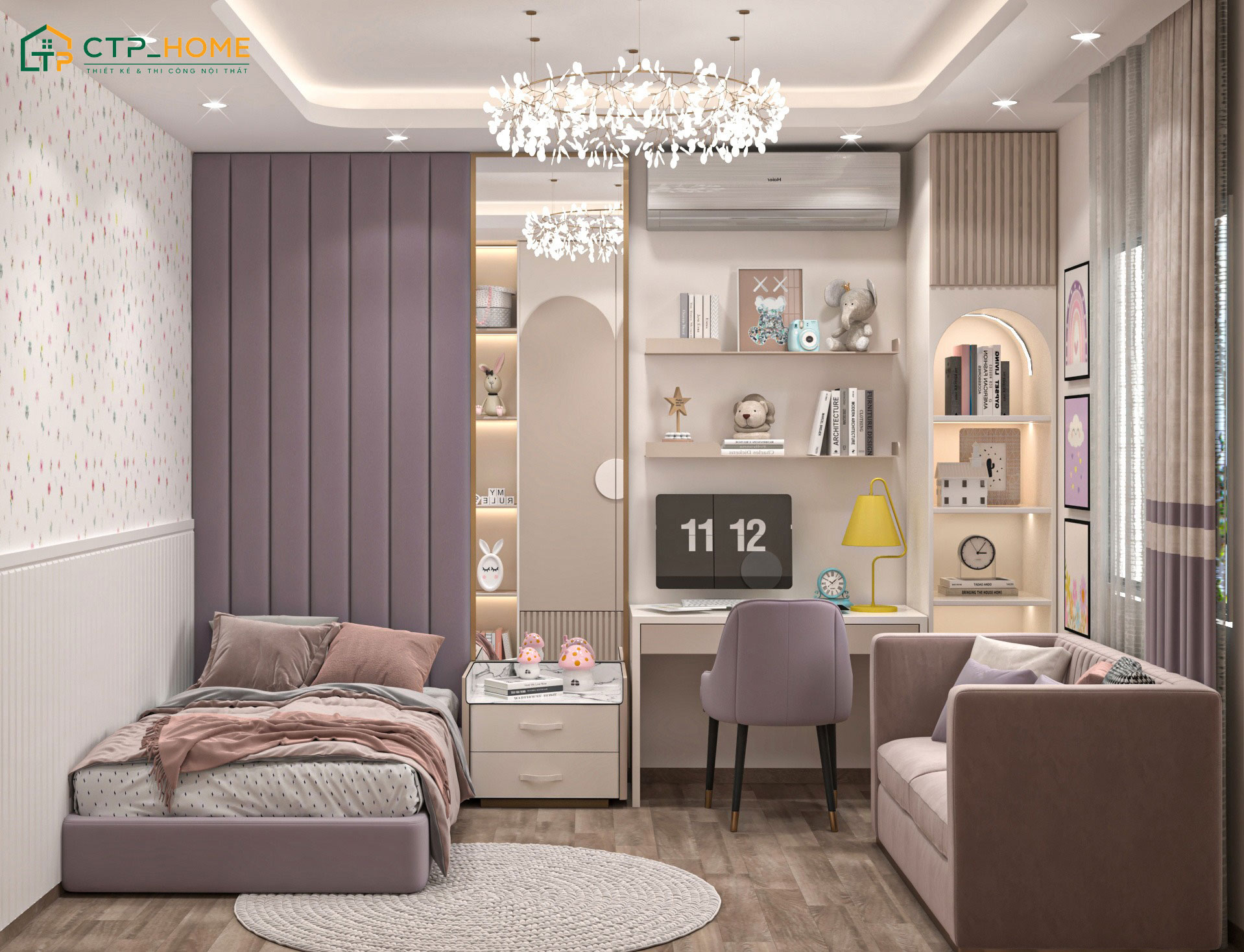 Mẫu phòng ngủ đẹp cho bé gái với diện tích 15m2 được thiết kế theo nhu cầu học tập và giải trí của con