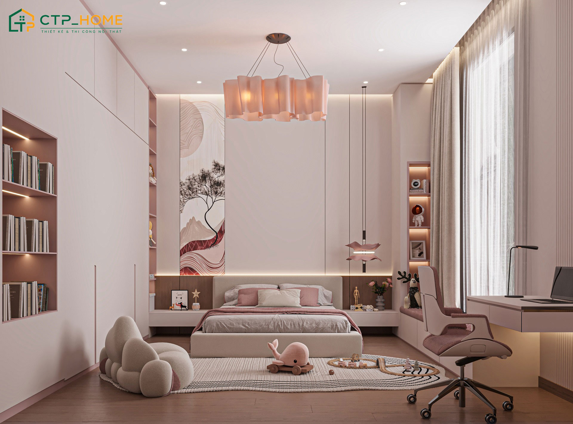 Sử dụng cửa sổ lớn kết hợp rèm hai lớp giúp tận dụng tối đa ánh sáng tự nhiên mà vẫn đảm bảo tính riêng tư