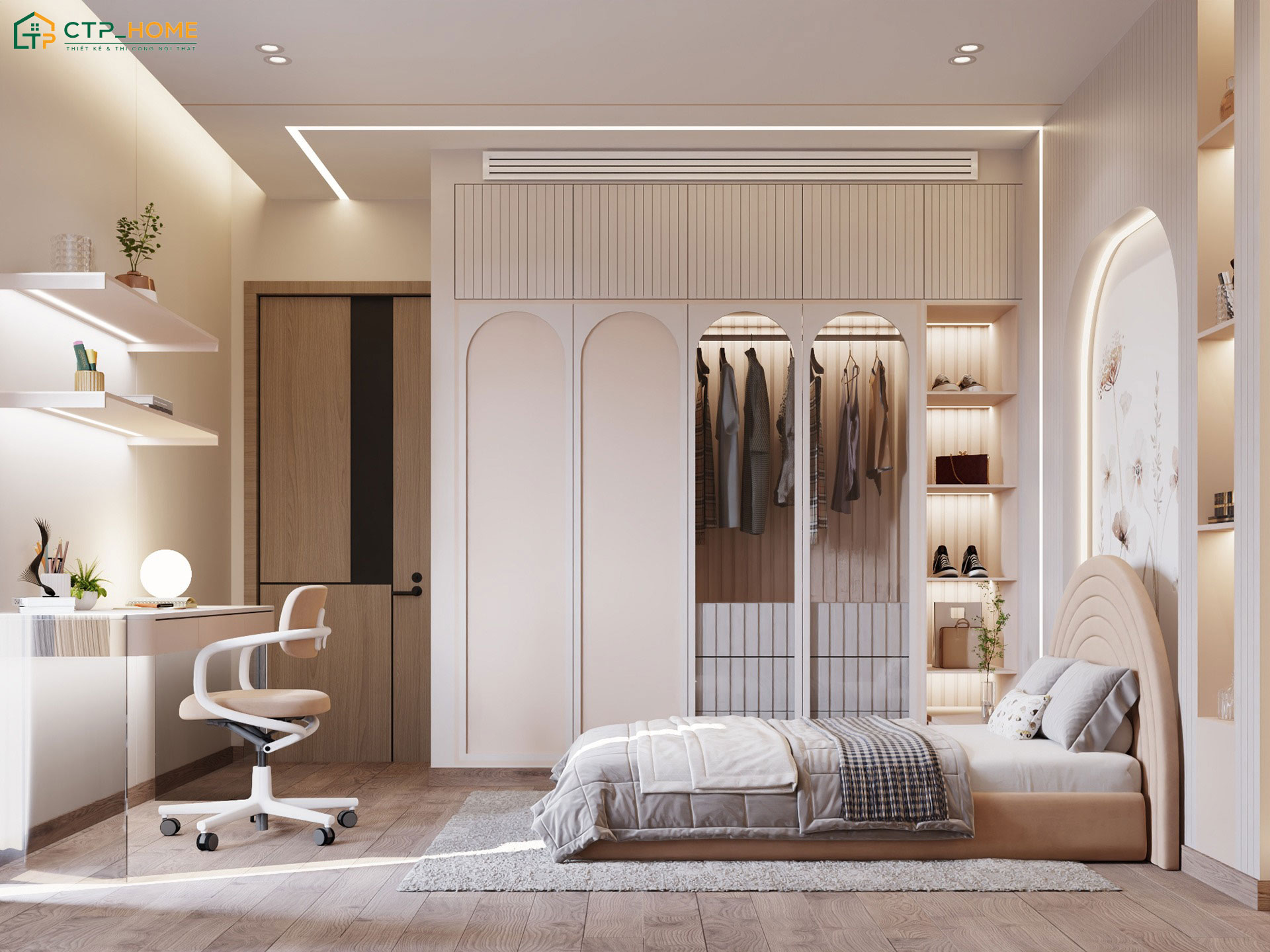 Phòng ngủ 25m2 cho bé gái được trang bị hệ tủ quần áo kịch trần giúp gia tăng không gian lưu trữ