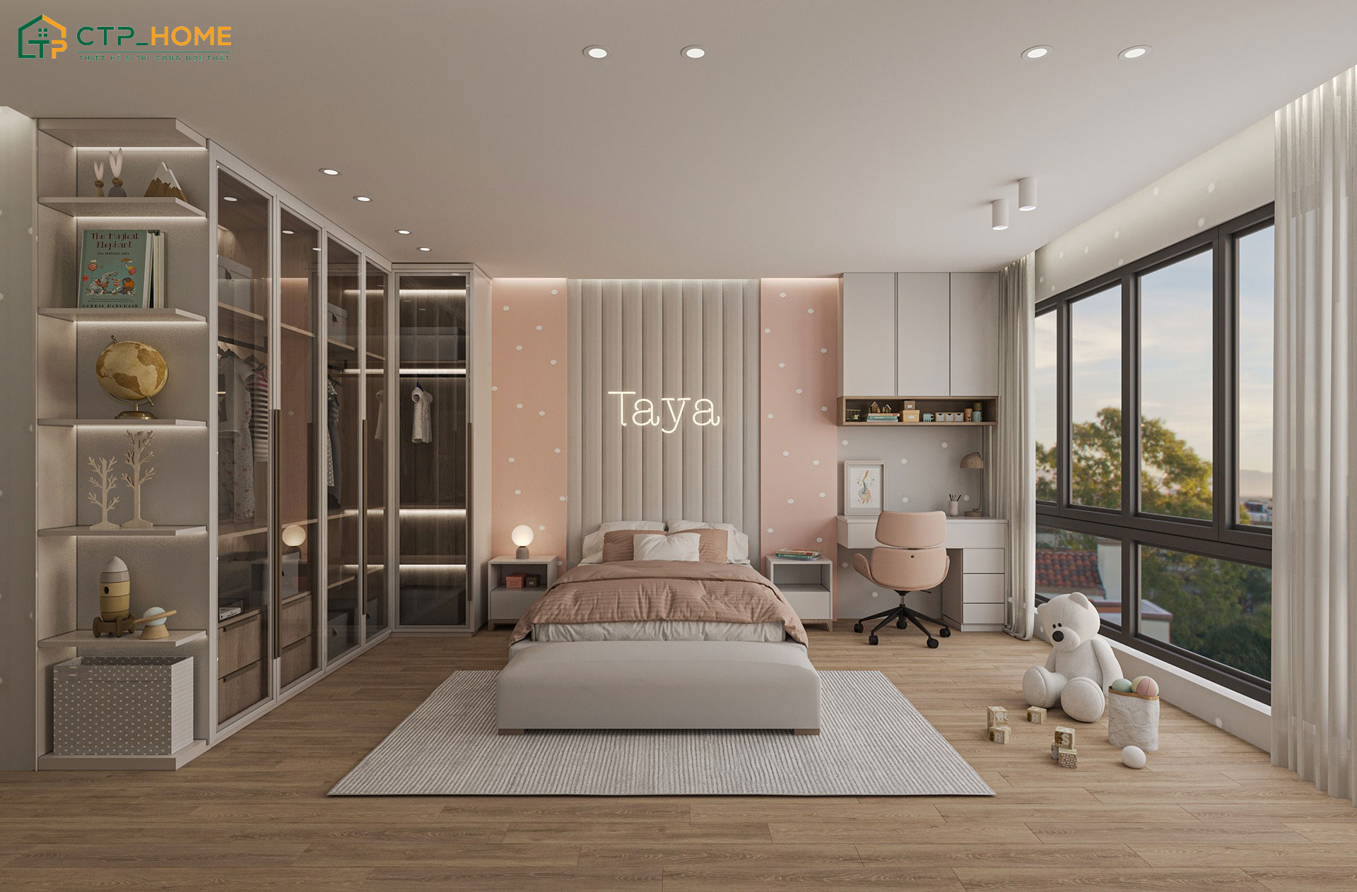 Mẫu phòng ngủ bé gái diện tích 30m2 được thiết kế theo phong cách luxury với các vật liệu cao cấp
