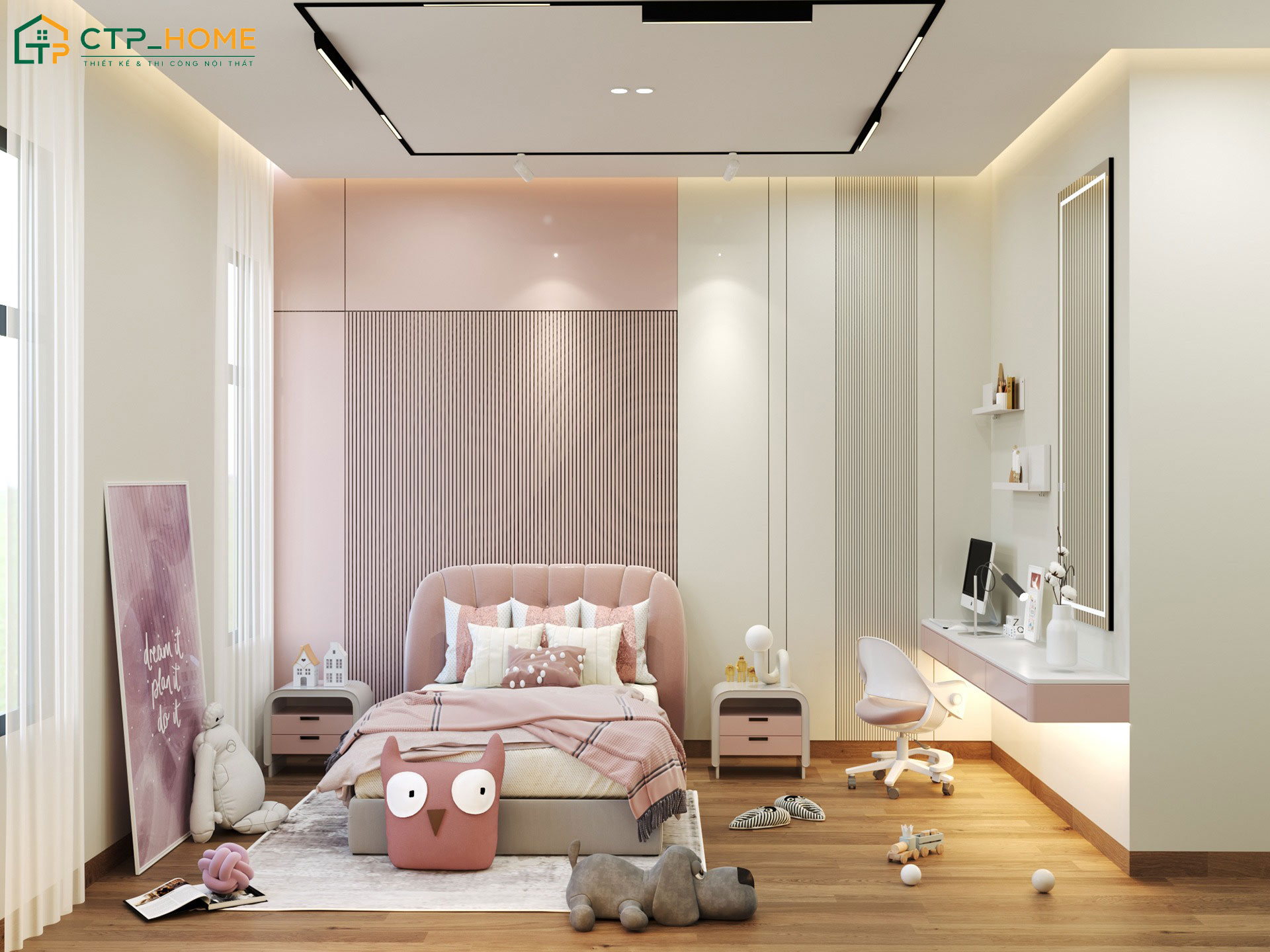 Màu hồng sẽ được kết hợp với các tone màu trung tính để làm phòng ngủ cho bé gái trở nên hài hòa hơn