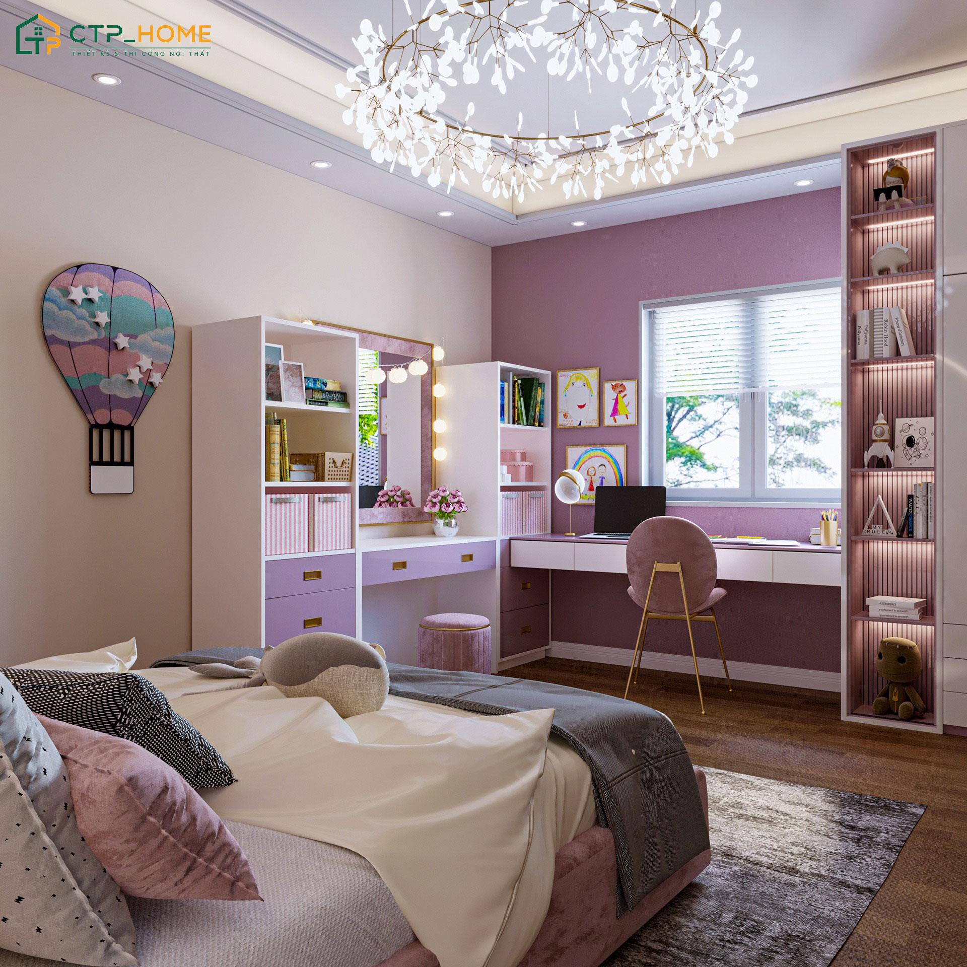 Khu vực học tập trong phòng con gái được kết hợp hài hòa giữa ánh sáng tự nhiên và nhân tạo