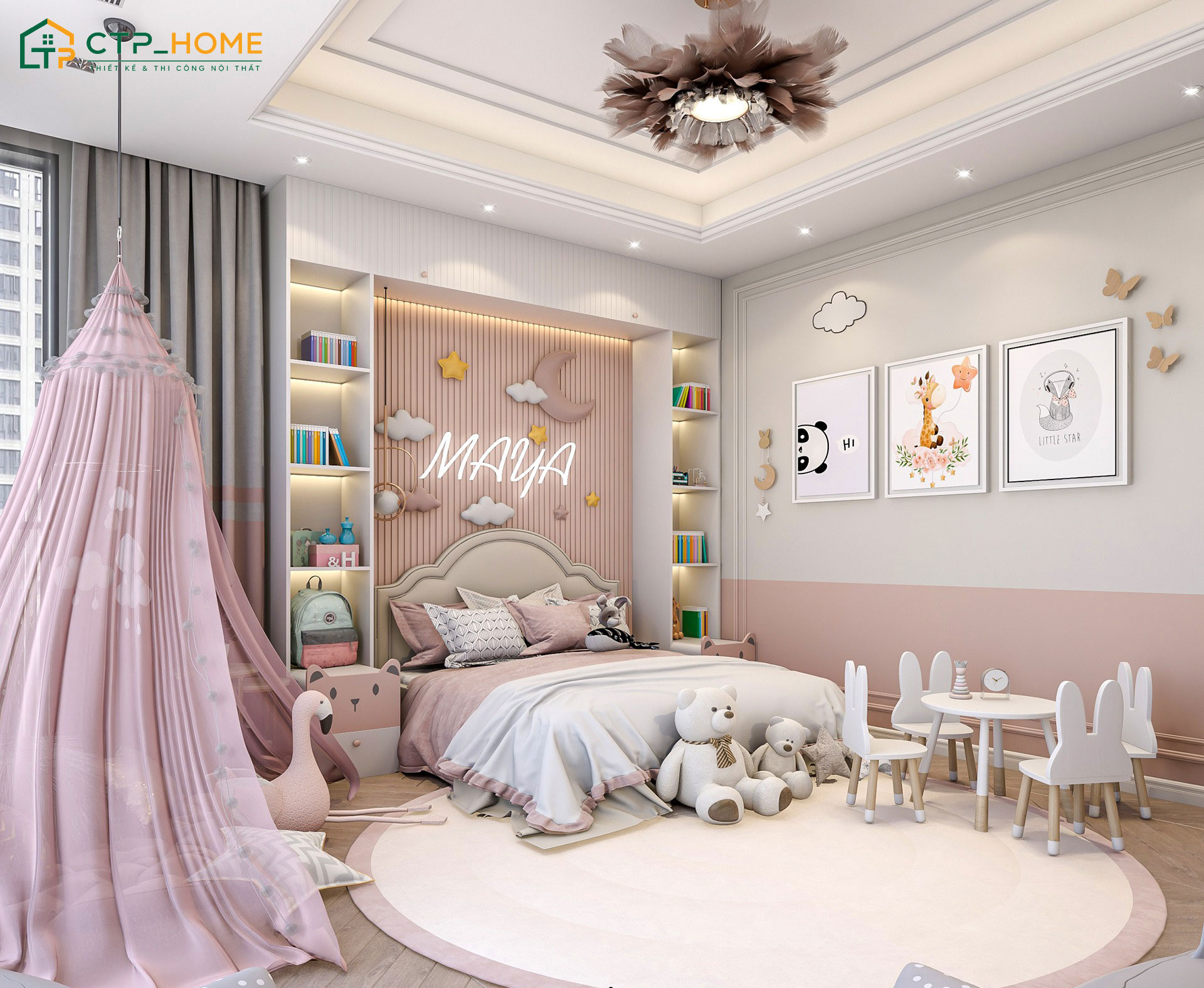 Mẫu decor phòng ngủ cho bé gái 5 tuổi với hình ảnh ngộ nghĩnh và nội thất bo tròn an toàn