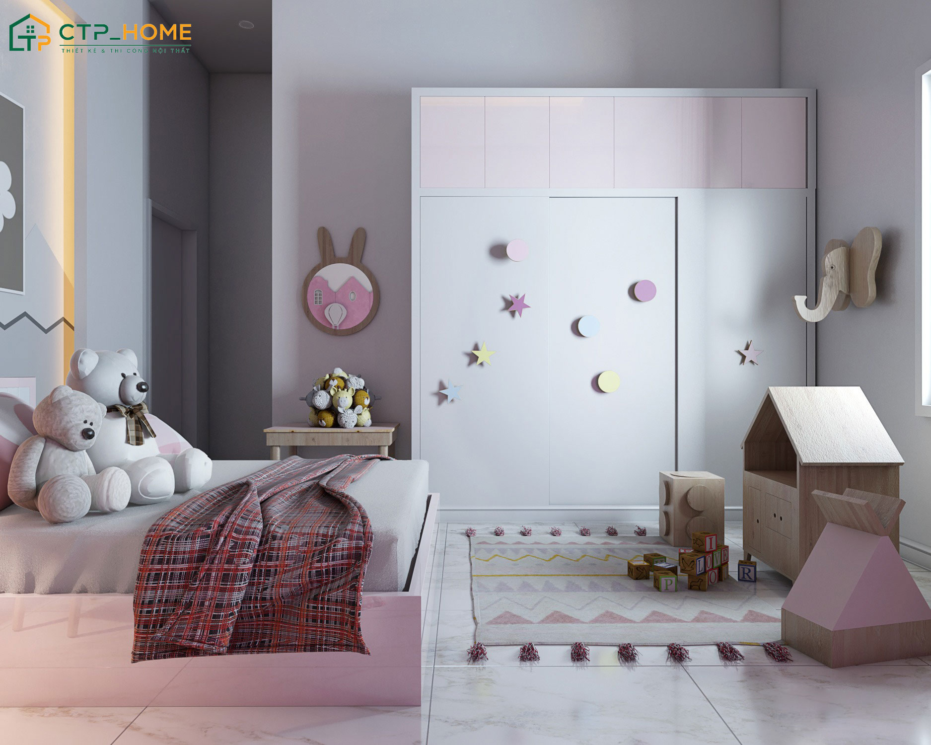 Mẫu thiết kế nội thất phòng cho bé gái 5 tuổi màu hồng với khu vui chơi riêng cho con thỏa sức sáng tạo