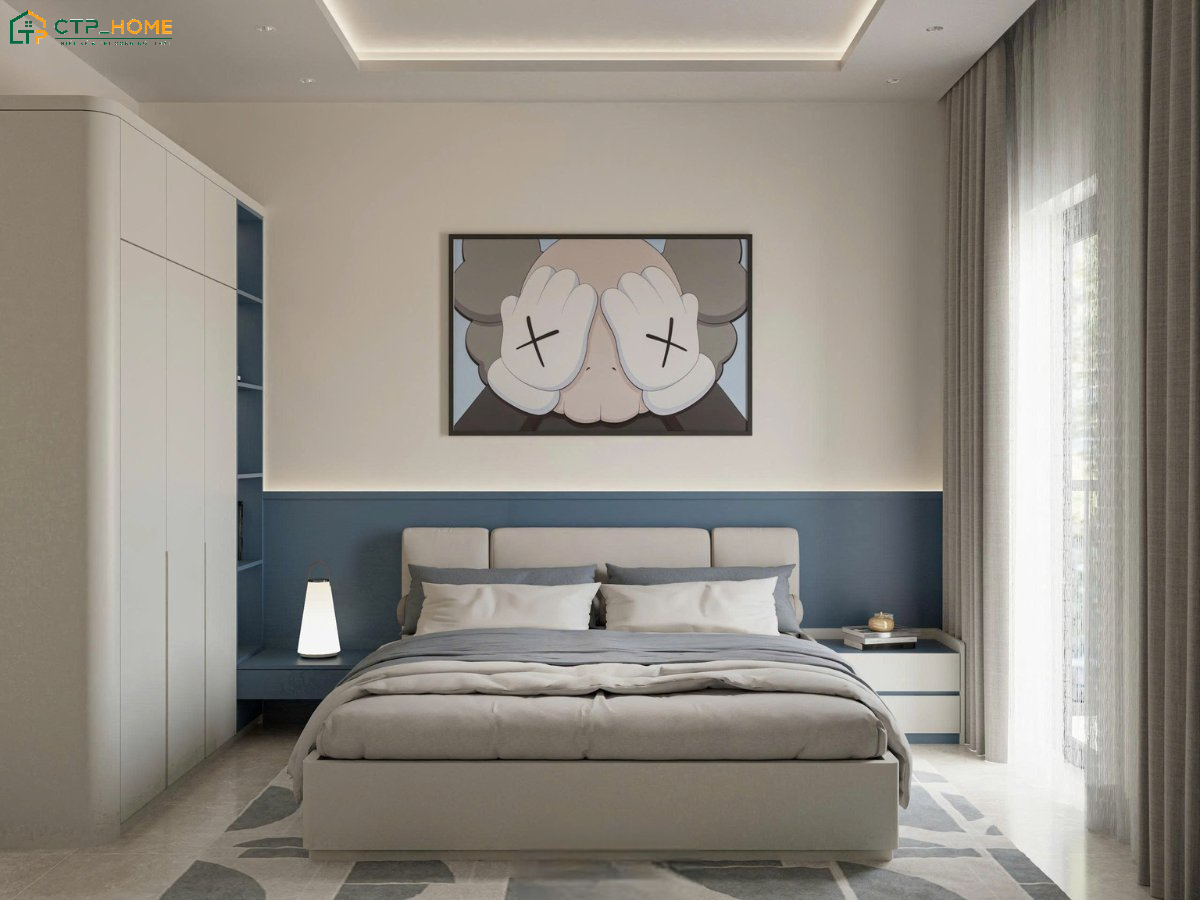 Mẫu thiết kế phòng ngủ đẹp cho con trai với nội thất đồng bộ và tone màu nhã nhặn giúp tạo nên tổng thể hiện đại và tinh tế