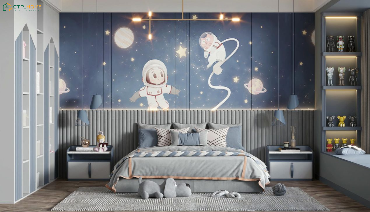 Sự kết hợp giữa tone màu xanh xám và các chi tiết trang trí giúp mẫu trang trí phòng bé trai trở nên ấn tượng hơn