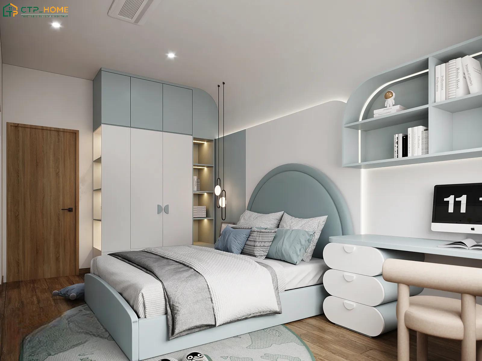 Mẫu decor phòng ngủ cho bé trai kết hợp hài hòa giữa tone màu trắng và xám để tạo vẻ đẹp hiện đại