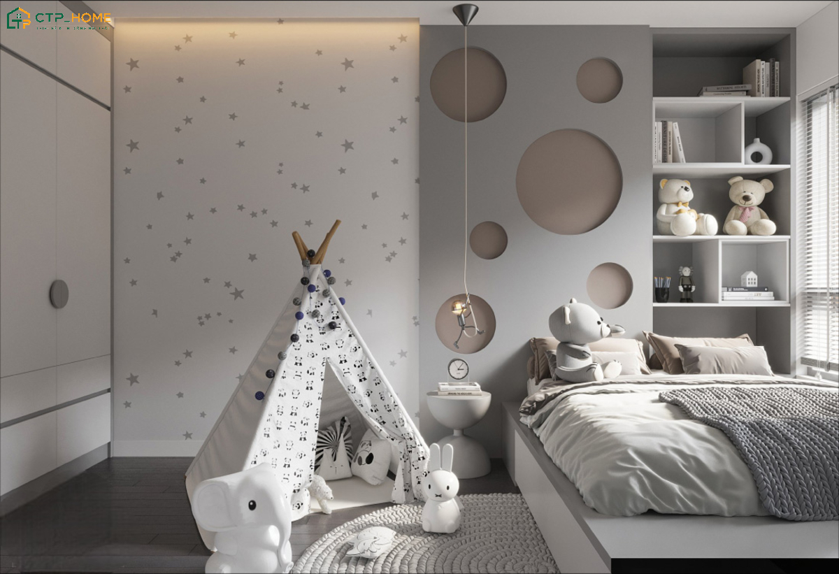 Mẫu decor phòng ngủ bé trai màu trắng xám kết hợp nội thất bo tròn giúp đảm bảo an toàn cho trẻ