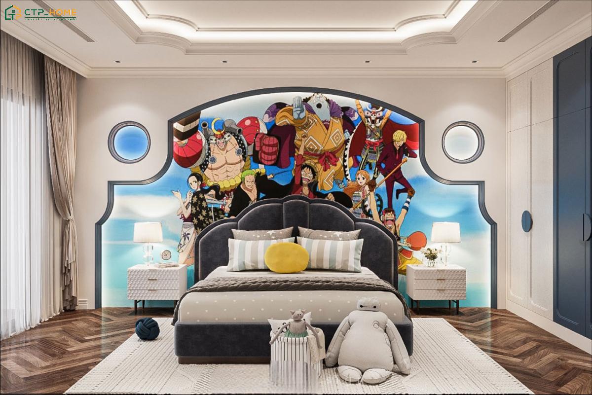 Mẫu phòng ngủ độc đáo cho bé trai lấy cảm hứng từ chủ đề One Piece với sự kết hợp của nhiều tone màu