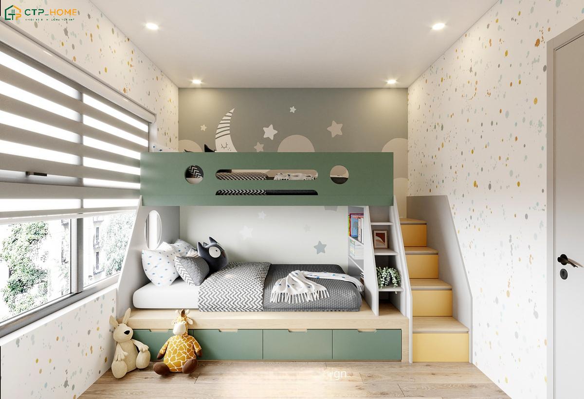 Mẫu phòng ngủ cho 2 bé trai với giường tầng thông minh giúp tối ưu diện tích mà vẫn đảm bảo tiện nghi