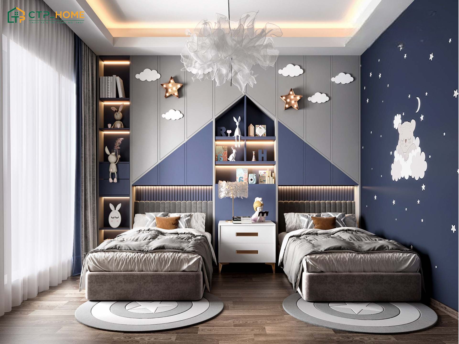 Mẫu phòng ngủ cho 2 bé trai với các chi tiết trang trí ngộ nghĩnh giúp tạo điểm nhấn cho không gian