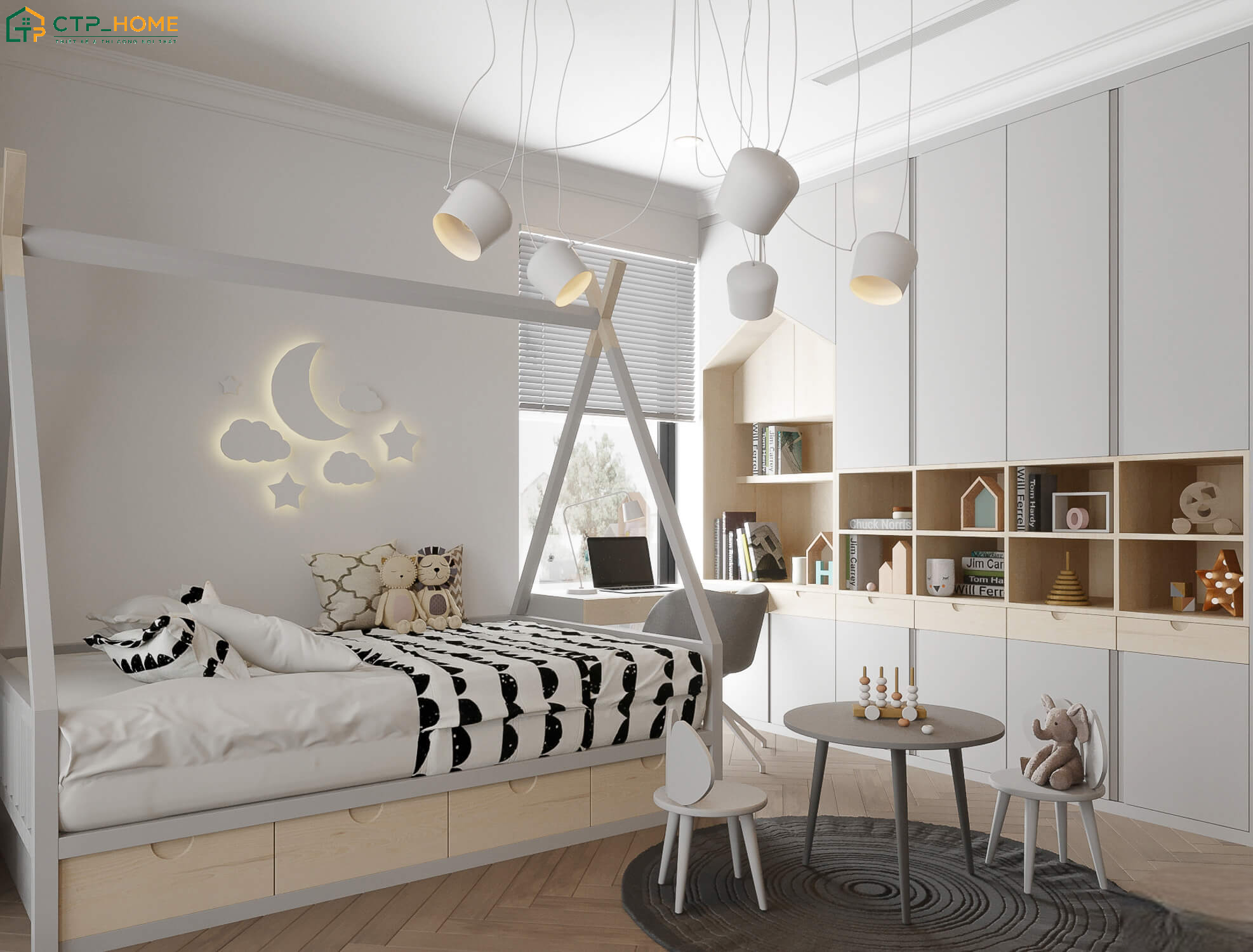 Mẫu decor phòng ngủ cho bé trai 2 đến 4 tuổi với giường tầng có cầu trượt giúp tạo không gian nghỉ ngơi và vui chơi lý tưởng
