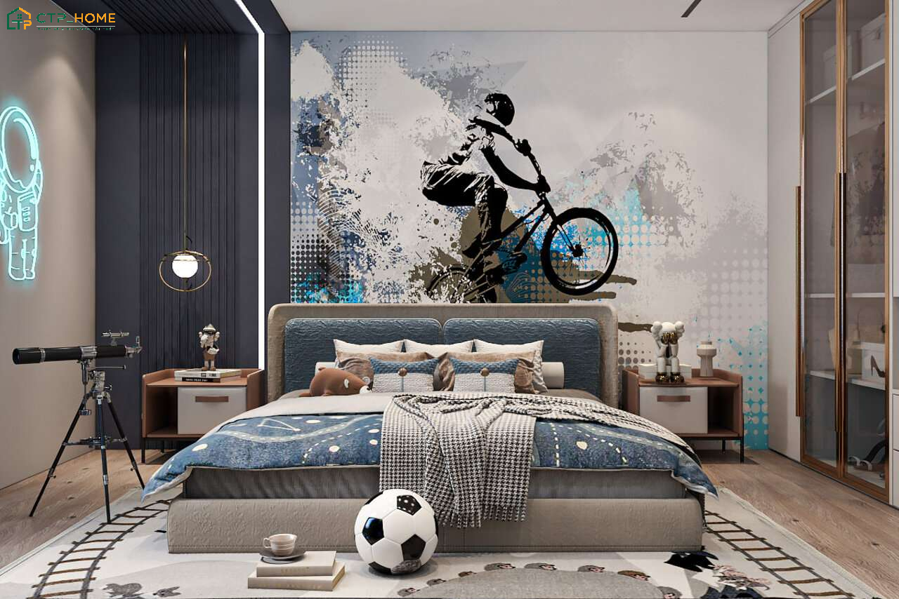 Mẫu trang trí phòng cho bé trai đậm chất thể thao với điểm nhấn là bức tranh treo tường nghệ thuật