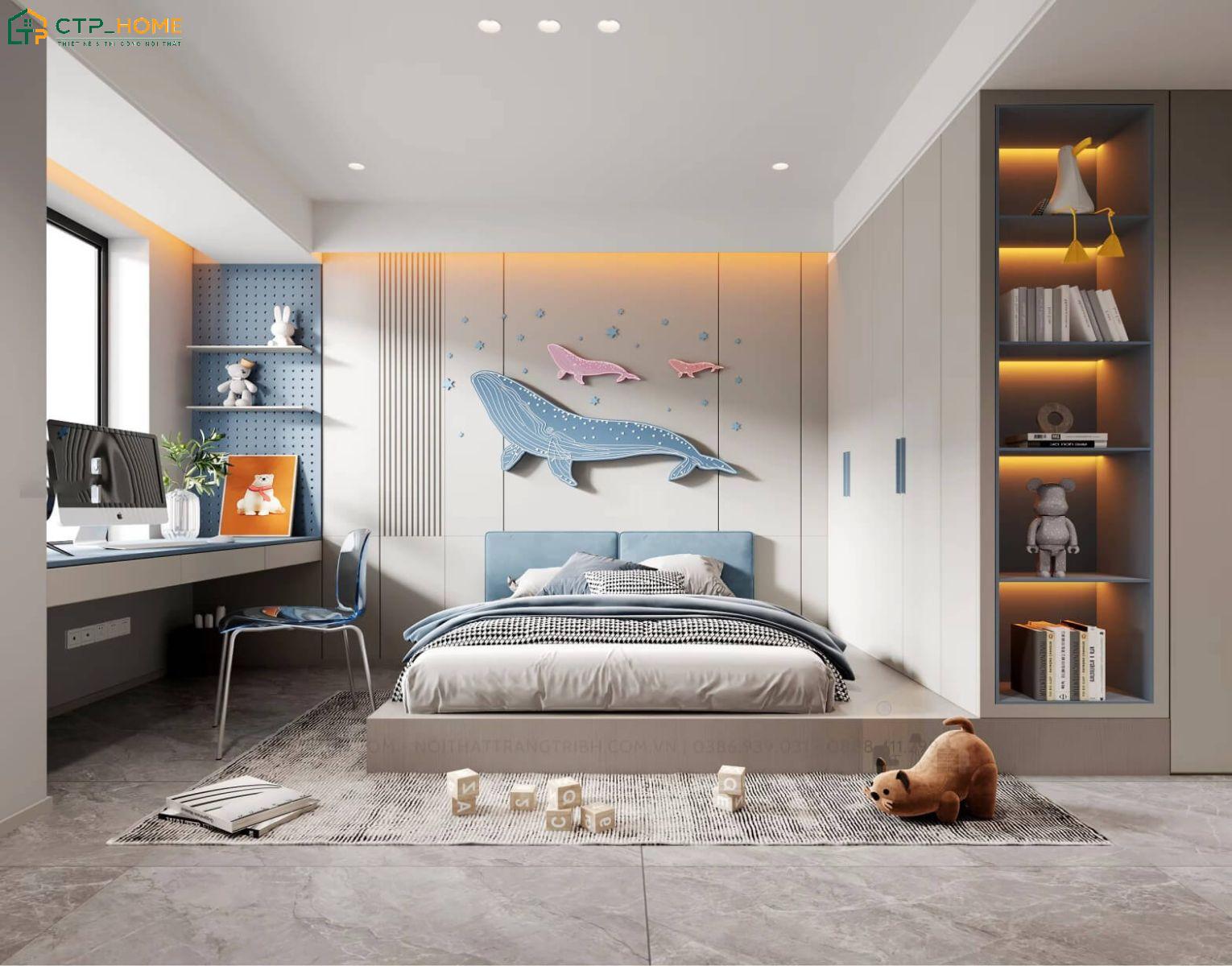 Mẫu thiết kế phòng ngủ con trai từ 8 đến 10 tuổi sẽ sử dụng giường ngủ tích hợp ngăn kéo để tối ưu diện tích
