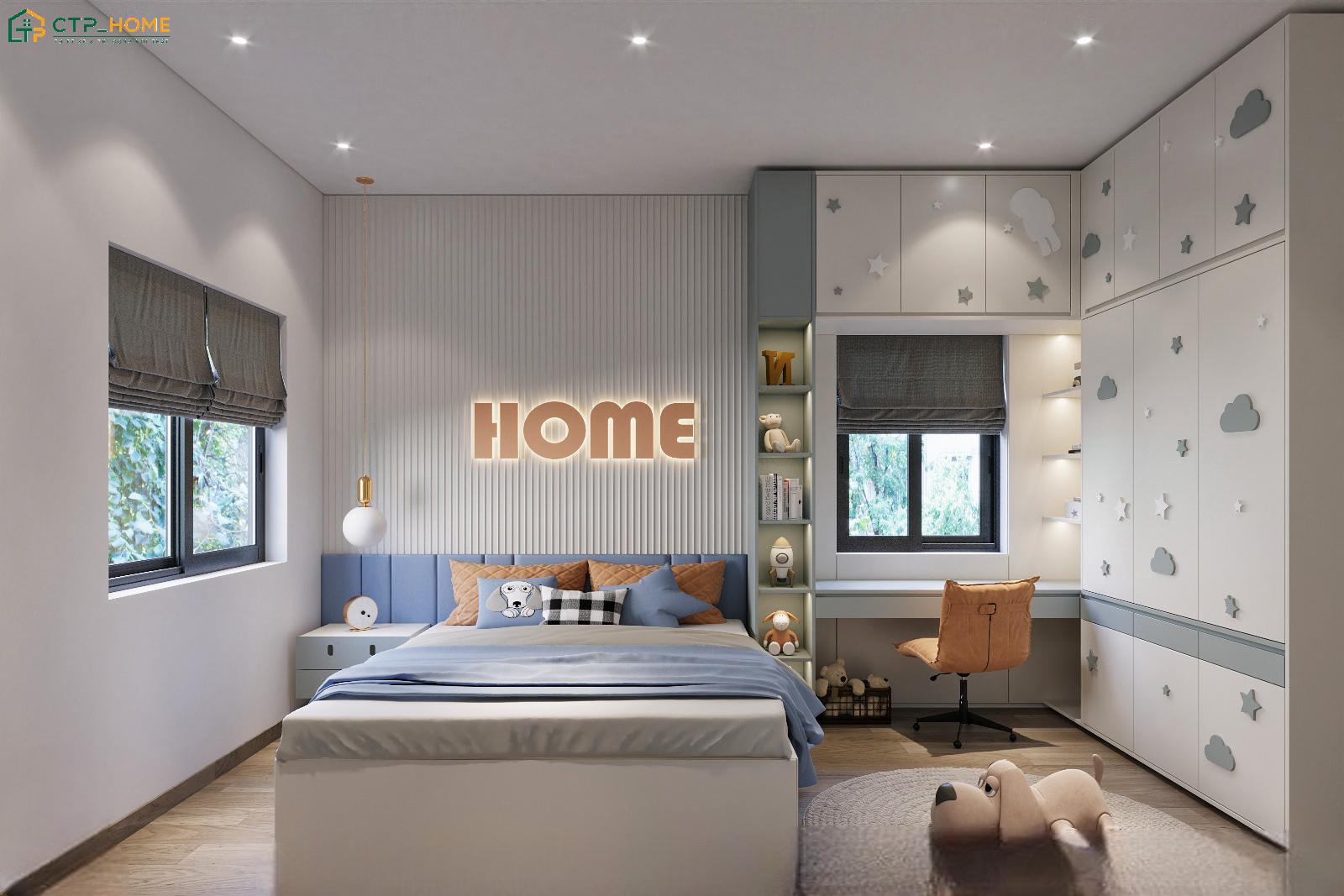 Kết hợp nội thất đa năng và tone màu dịu nhẹ sẽ đem đến không gian nghỉ ngơi tiện nghi cho bé trai từ 8 đến 10 tuổi