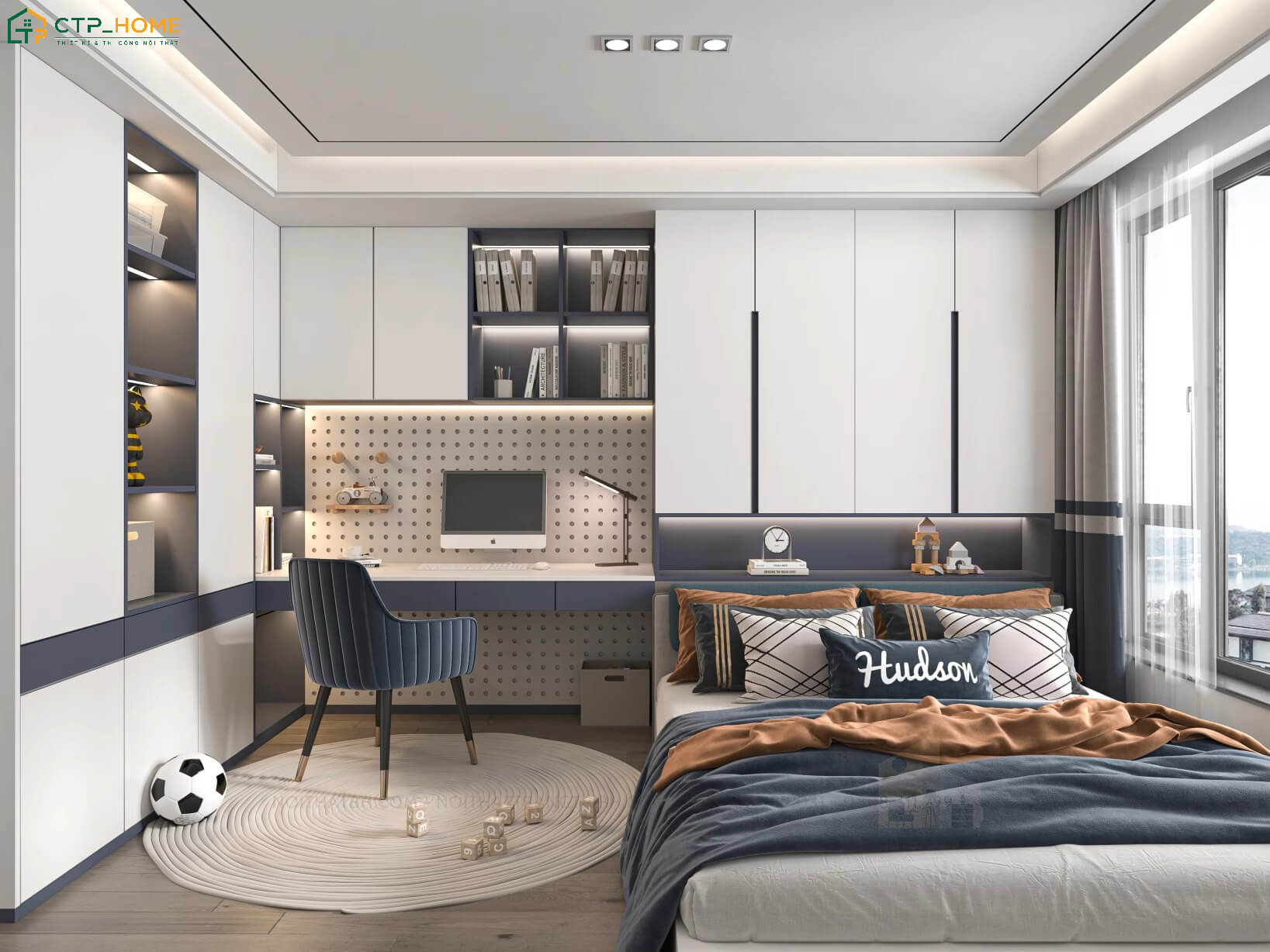 Mẫu phòng ngủ đẹp cho con trai 14 đến 15 tuổi sẽ sử dụng nội thất liền khối để tạo sự thuận tiện khi sử dụng